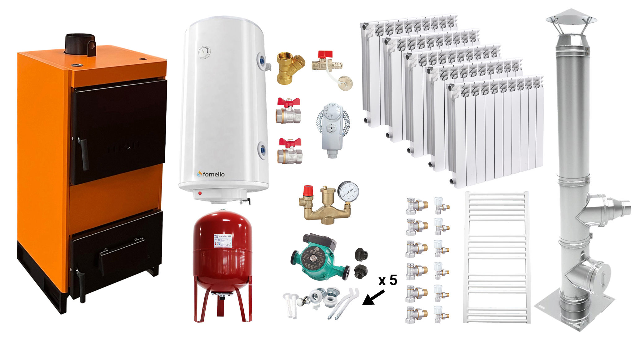Pachet Centrala pe combustibil solid Fiama W 25 kW, Cos inox, Calorifere aluminiu, Boiler Termoelectric, Vas Expansune, Pompa si Fitinguri Montaj