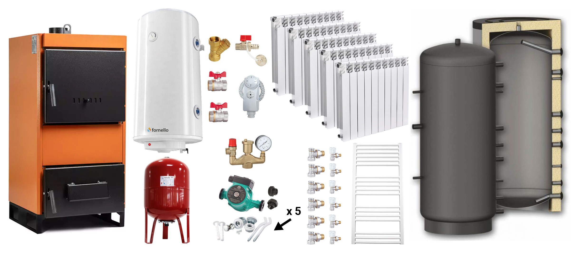 Pachet Centrala pe combustibil solid Fiama W 25 kW, Puffer 800 litri, Calorifere aluminiu, Boiler Termoelectric, Vas Expansune, Pompa si Fitinguri Montaj