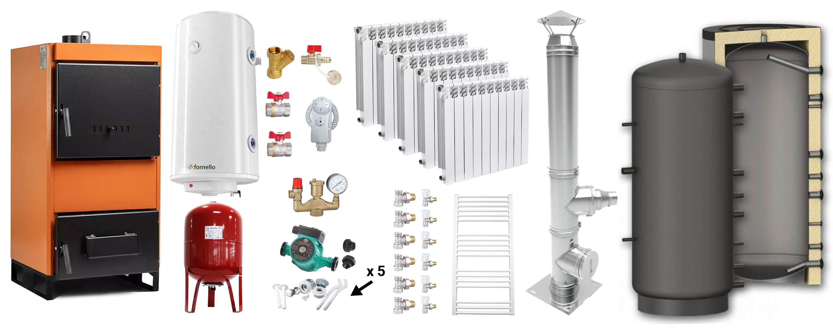 Pachet Centrala pe combustibil solid Fiama W 25 kW, Puffer 800 litri, Cos Inox, Calorifere aluminiu, Boiler Termoelectric, Vas Expansune, Pompa si Fitinguri Montaj