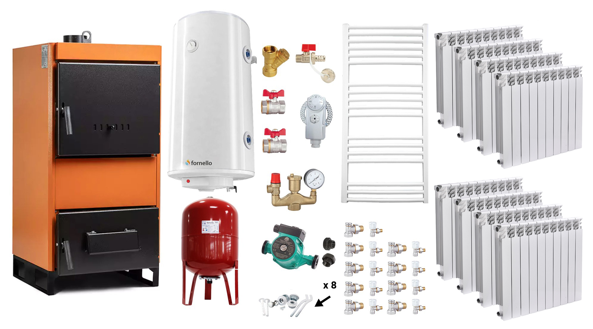 Pachet Centrala pe combustibil solid Fiama W 45 kW, Calorifere aluminiu, Boiler Termoelectric, Vas Expansune, Pompa si Fitinguri Montaj