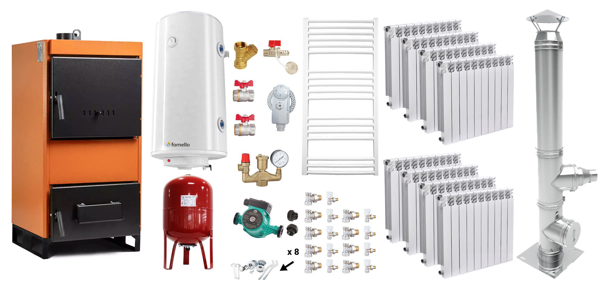 Pachet Centrala pe combustibil solid Fiama W 45 kW, Cos inox, Calorifere aluminiu, Boiler Termoelectric, Vas Expansune, Pompa si Fitinguri Montaj