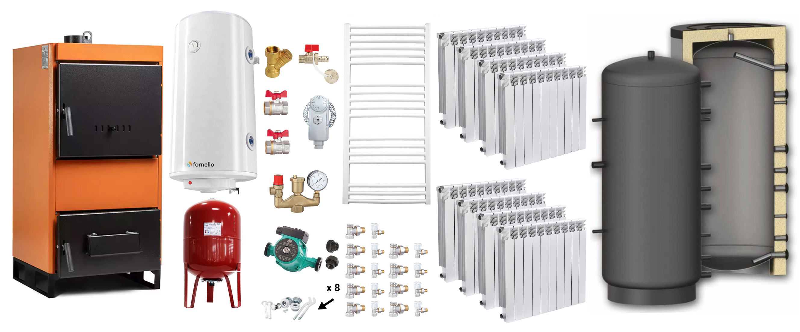 Pachet Centrala pe combustibil solid Fiama W 45 kW, Puffer 1000 litri, Calorifere aluminiu, Boiler Termoelectric, Vas Expansune, Pompa si Fitinguri Montaj