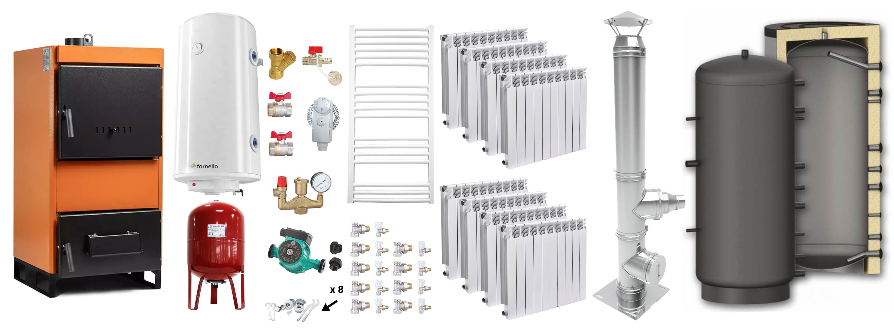 Pachet Centrala pe combustibil solid Fiama W 45 kW, Puffer 1000 litri, Cos inox, Calorifere aluminiu, Boiler Termoelectric, Vas Expansune, Pompa si Fitinguri Montaj