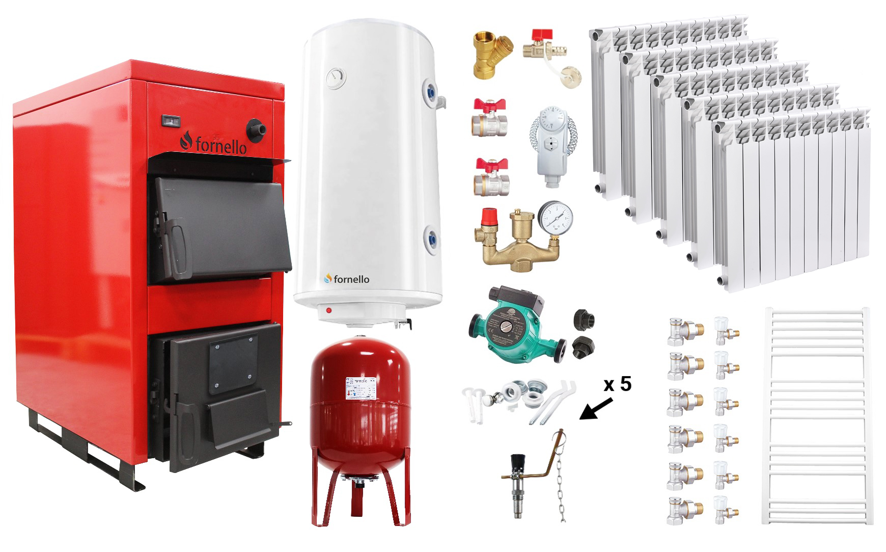Pachet Centrala pe combustibil solid Fornello Eco Energy WB 25 kW, Calorifere Aluminiu, Boiler Termoelectric, Vas Expansune, Pompa si Fitinguri Montaj