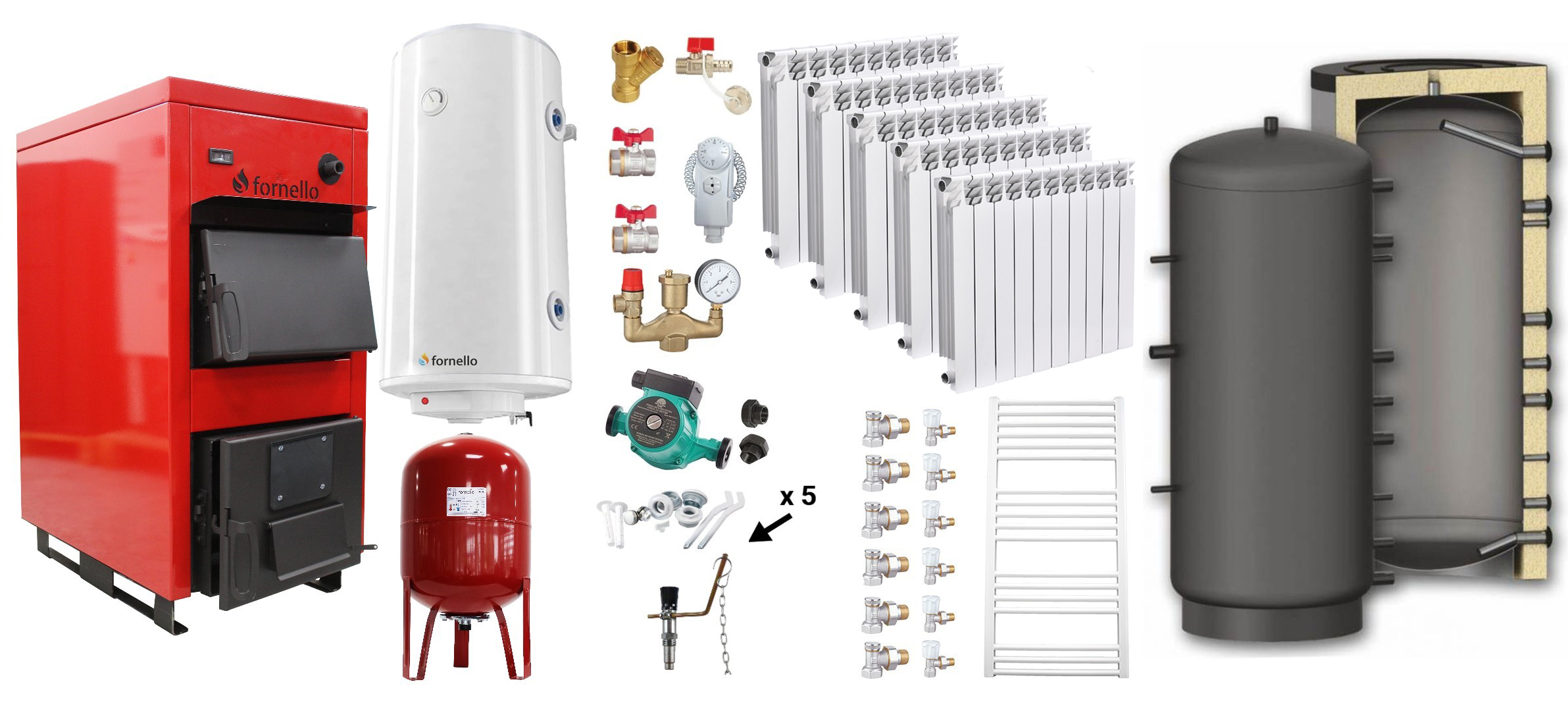 Pachet Centrala pe combustibil solid Fornello Eco Energy WB 25 kW, Puffer 800 litri, Calorifere Aluminiu, Boiler Termoelectric, Vas Expansune, Pompa si Fitinguri Montaj