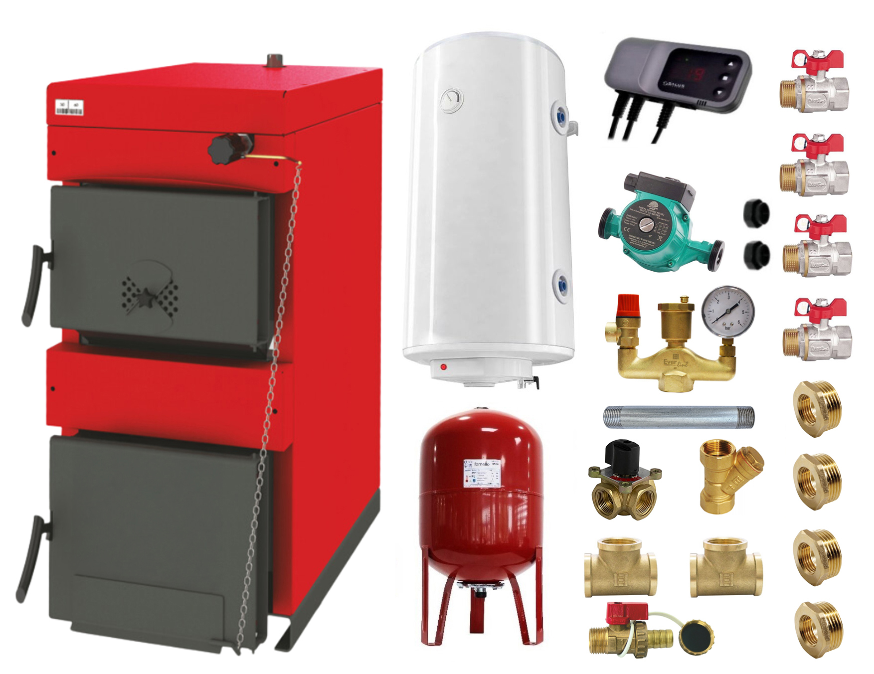 Pachet Centrala pe combustibil solid ​Sunsystem Burnit NWB 45 kW, boiler termoelectric, vas expansiune, pompa circulare, controller pompa, fitinguri montaj