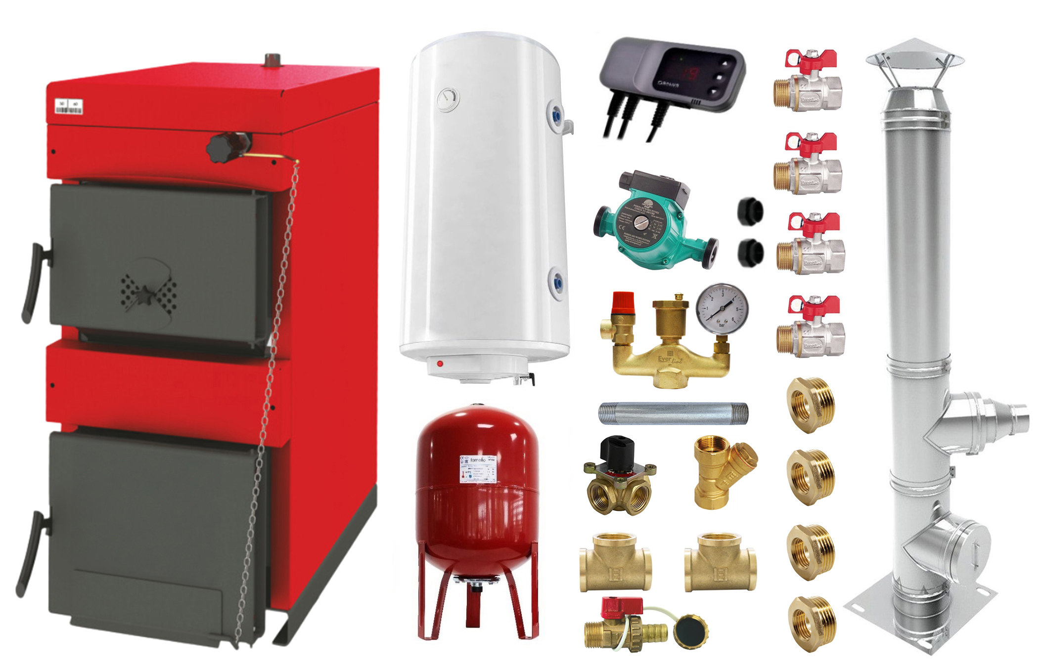 Pachet Centrala pe combustibil solid ​Sunsystem Burnit NWB 45 kW, cos inox, boiler termoelectric, vas expansiune, pompa circulare, controller pompa, fitinguri montaj
