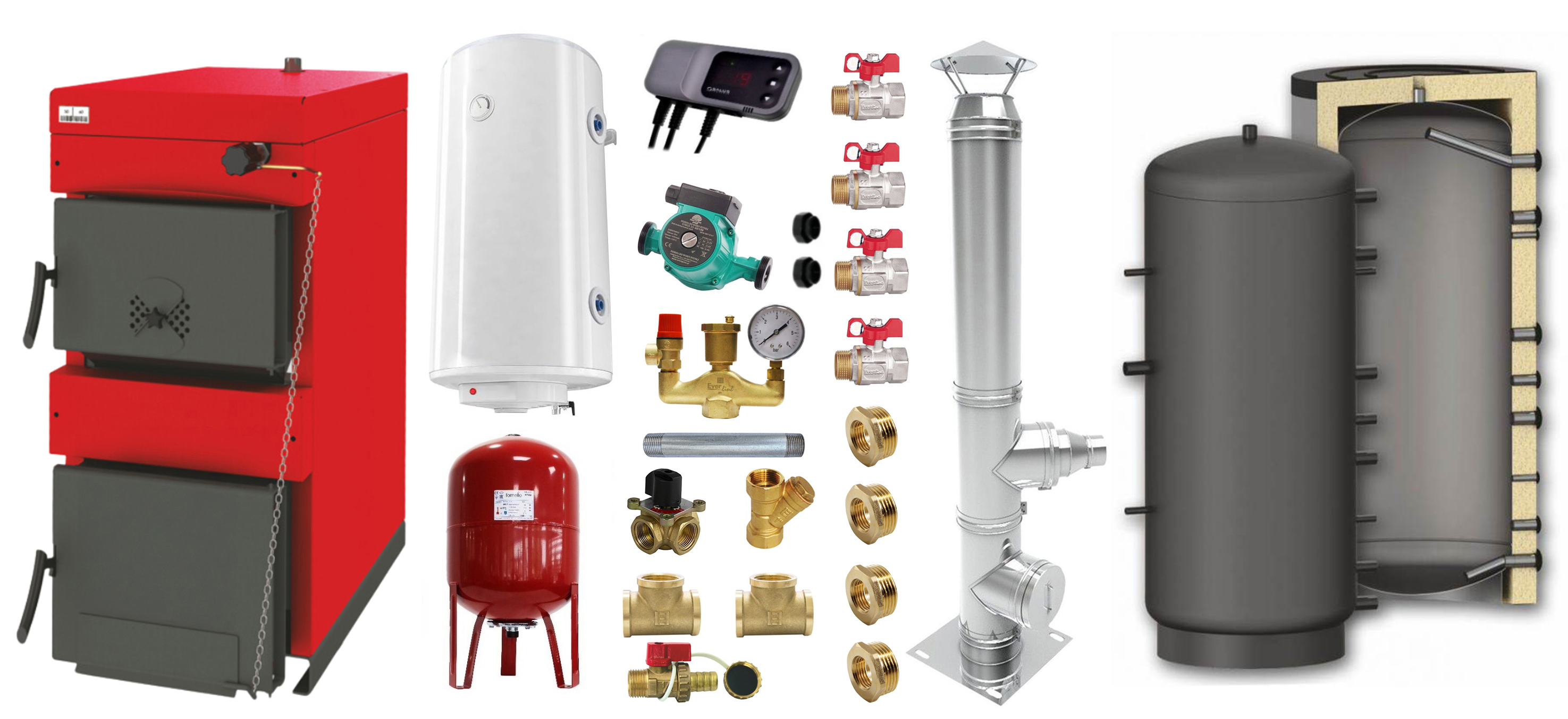 Pachet Centrala pe combustibil solid ​Sunsystem Burnit NWB 45 kW, cos inox, puffer, boiler termoelectric, vas expansiune, pompa circulare, controller pompa, fitinguri montaj
