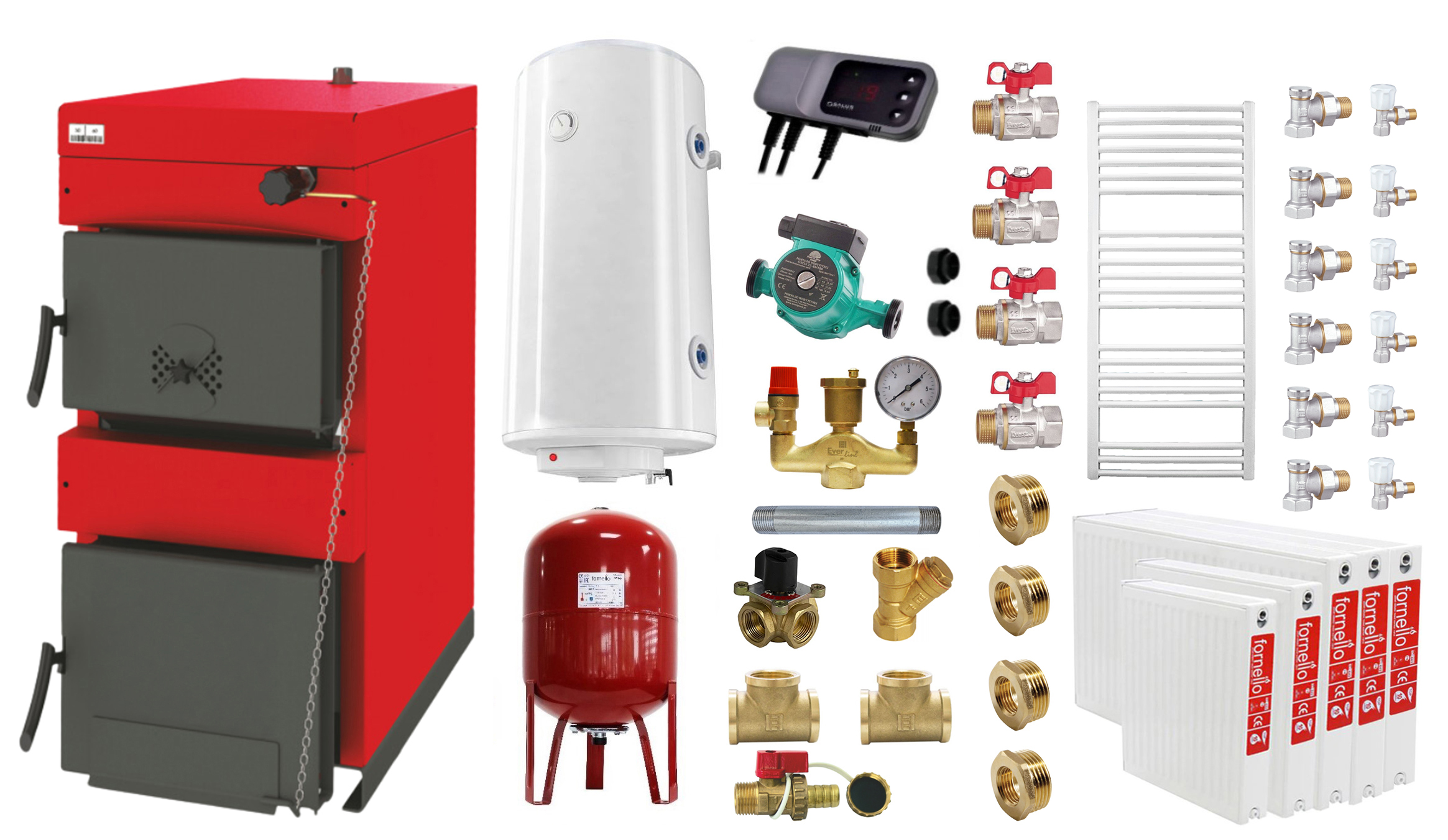 Pachet Centrala pe combustibil solid ​Sunsystem Burnit NWB 45 kW, calorifere, boiler termoelectric, vas expansiune, pompa circulare, controller pompa, fitinguri montaj