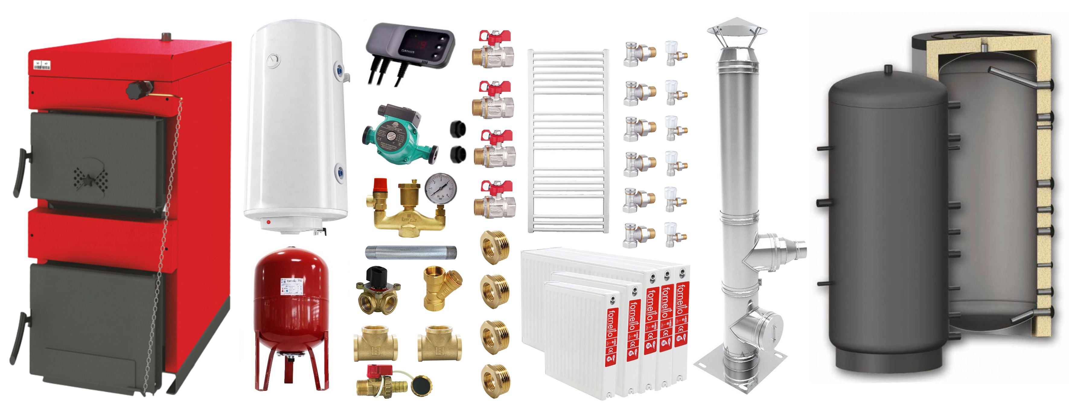 Pachet Centrala pe combustibil solid ​Sunsystem Burnit NWB 45 kW, puffer, cos inox, calorifere, boiler termoelectric, vas expansiune, pompa circulare, controller pompa, fitinguri montaj