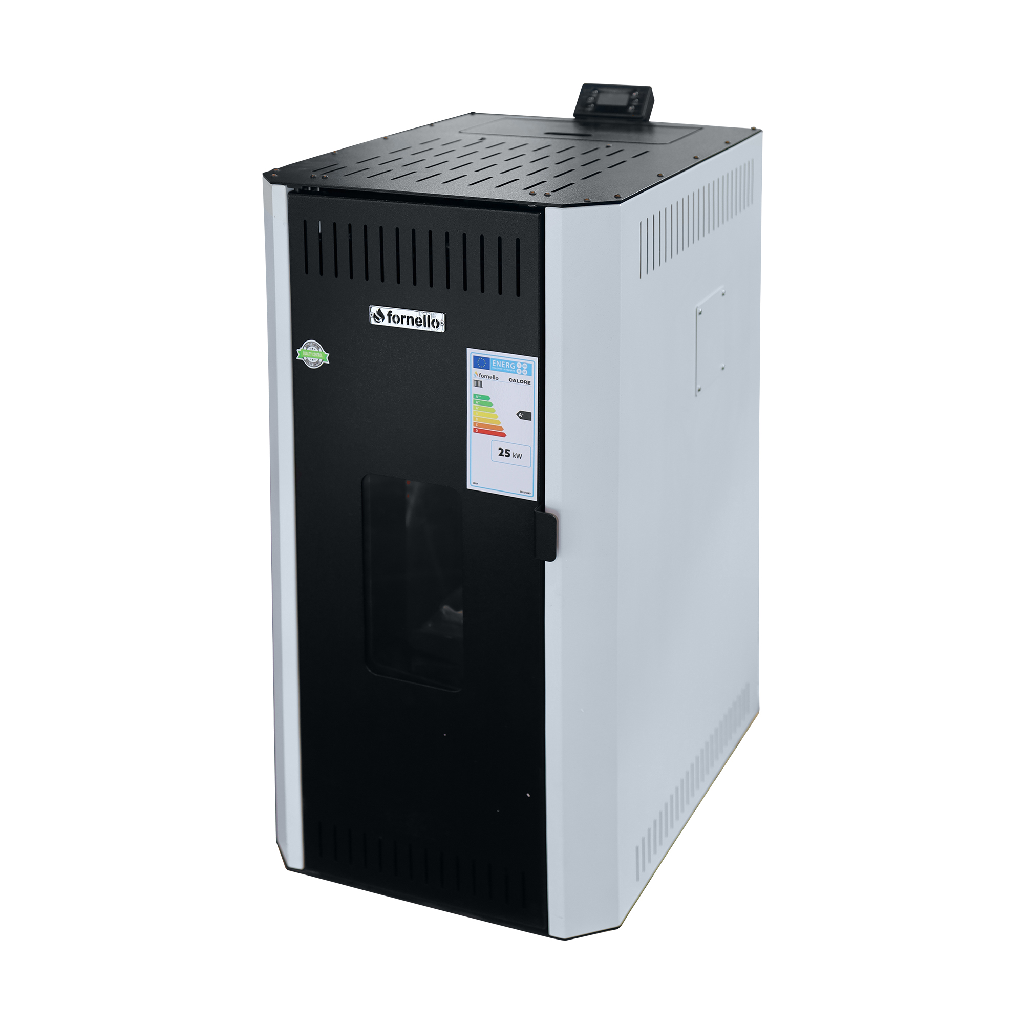 Pachet termosemineu pe peleti Fornello CALORE COMPACT 25 kW pompa electronica vas expansiune arzator inox grup de siguranta kit evacuare termostat Salus 091FLRFV2 aspiratior sistem de curatare MECANICA a creuzetului si drumurilor de fum culo