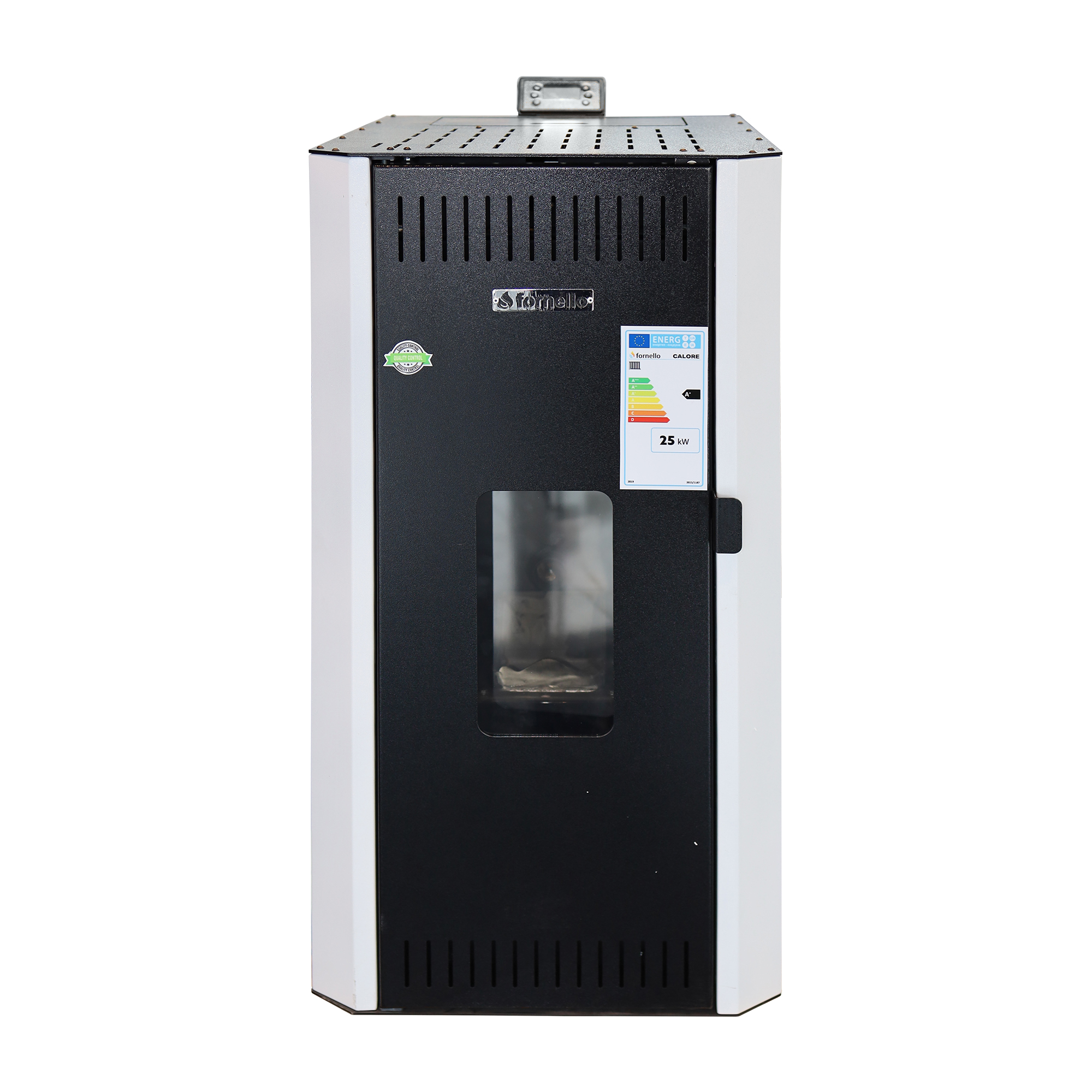 Pachet termosemineu pe peleti Fornello CALORE COMPACT 25 kW pompa electronica vas expansiune arzator inox grup de siguranta kit evacuare 3.5 ml termostat aspiratior boiler 100L si Fitinguri montaj