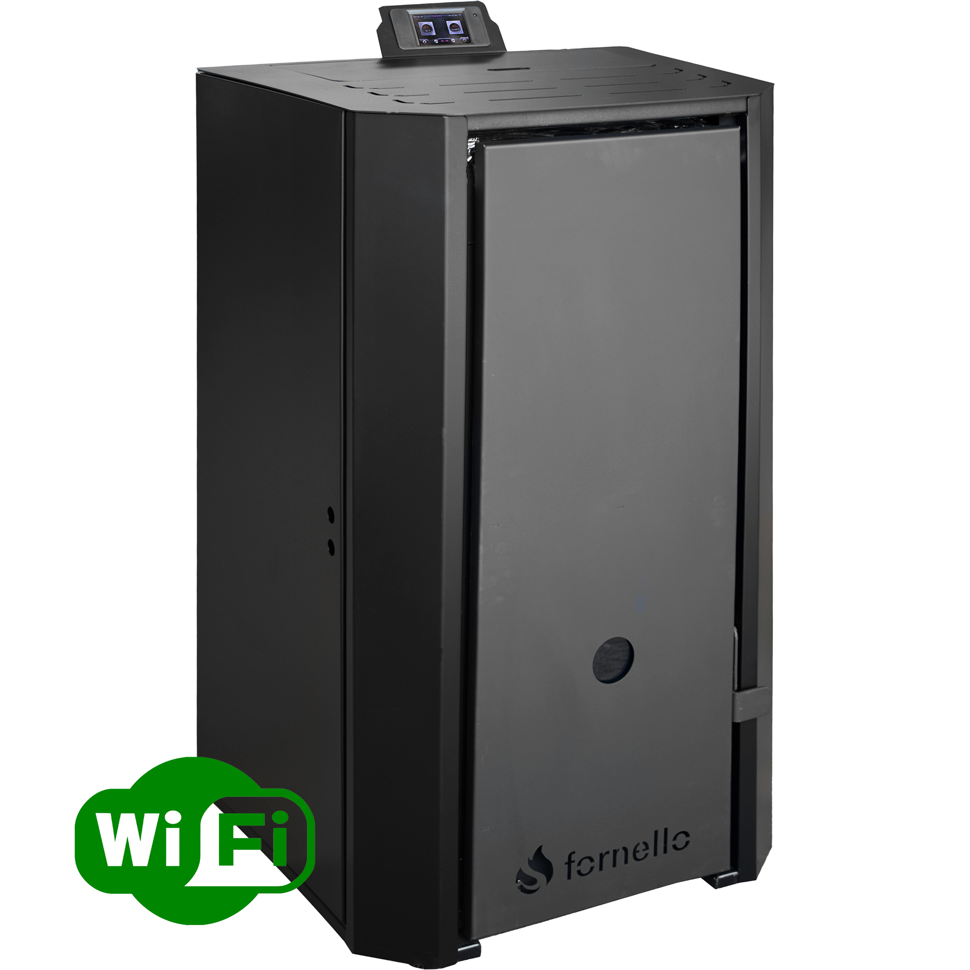 Pachet Centrala pe peleti Fornello EVA B Black 30 KW pompa circulatie vas expansiune WI-FI buncar tiraj fortat kit evacuare 3.5 ml termostat aspirator boiler 100L Radiatoare otel si Fitingur