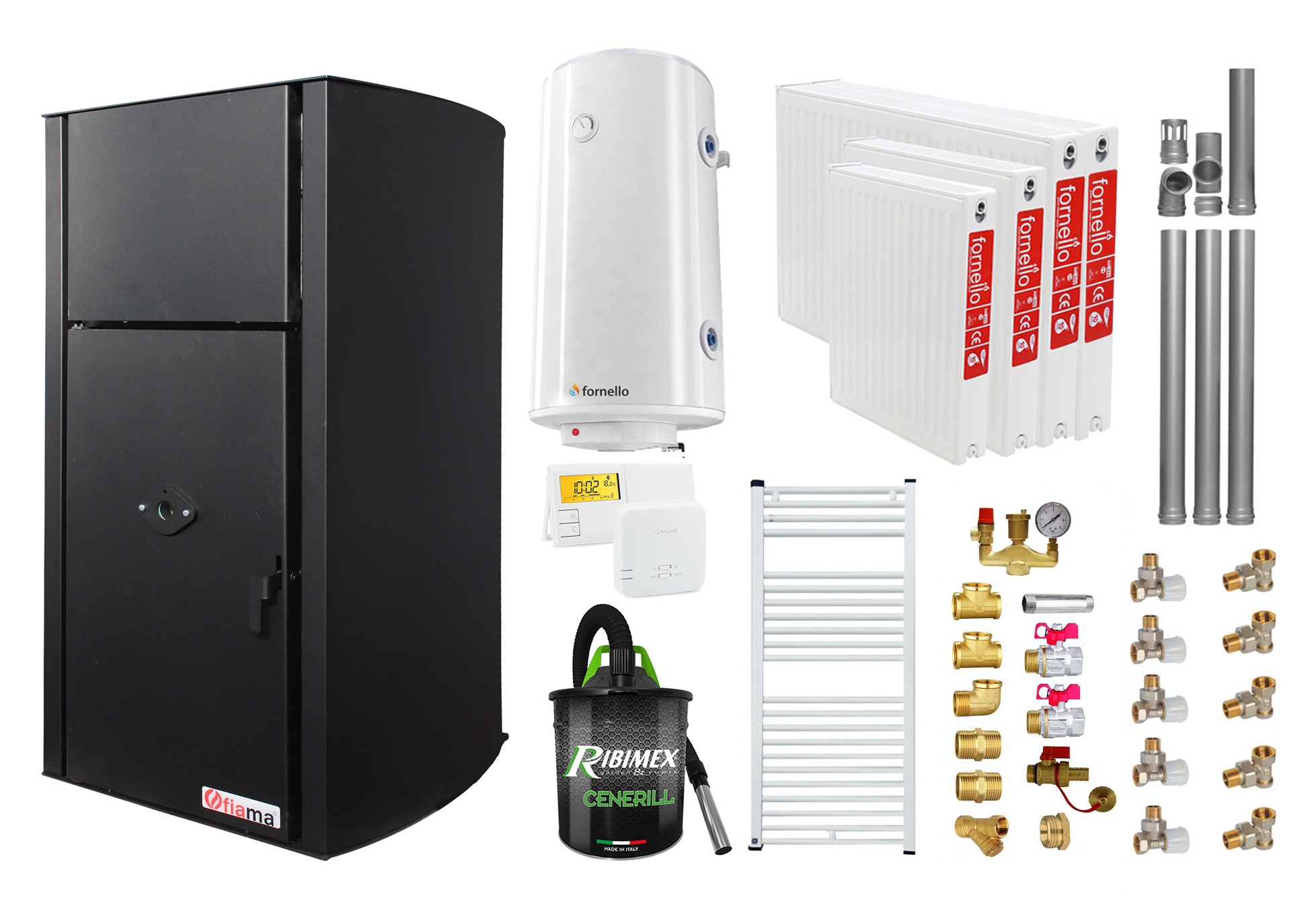 Pachet Centrala pe peleti Fornello Fiama Confort B 30 kW, cu pompa, vas expansiune, automatizare, radiatoare otel, boiler, termostat, aspirator, kit evacuare 3.5 ml, fitinguri, buncar 35 kg, tiraj fortat, culoare black, pana la 200 mp