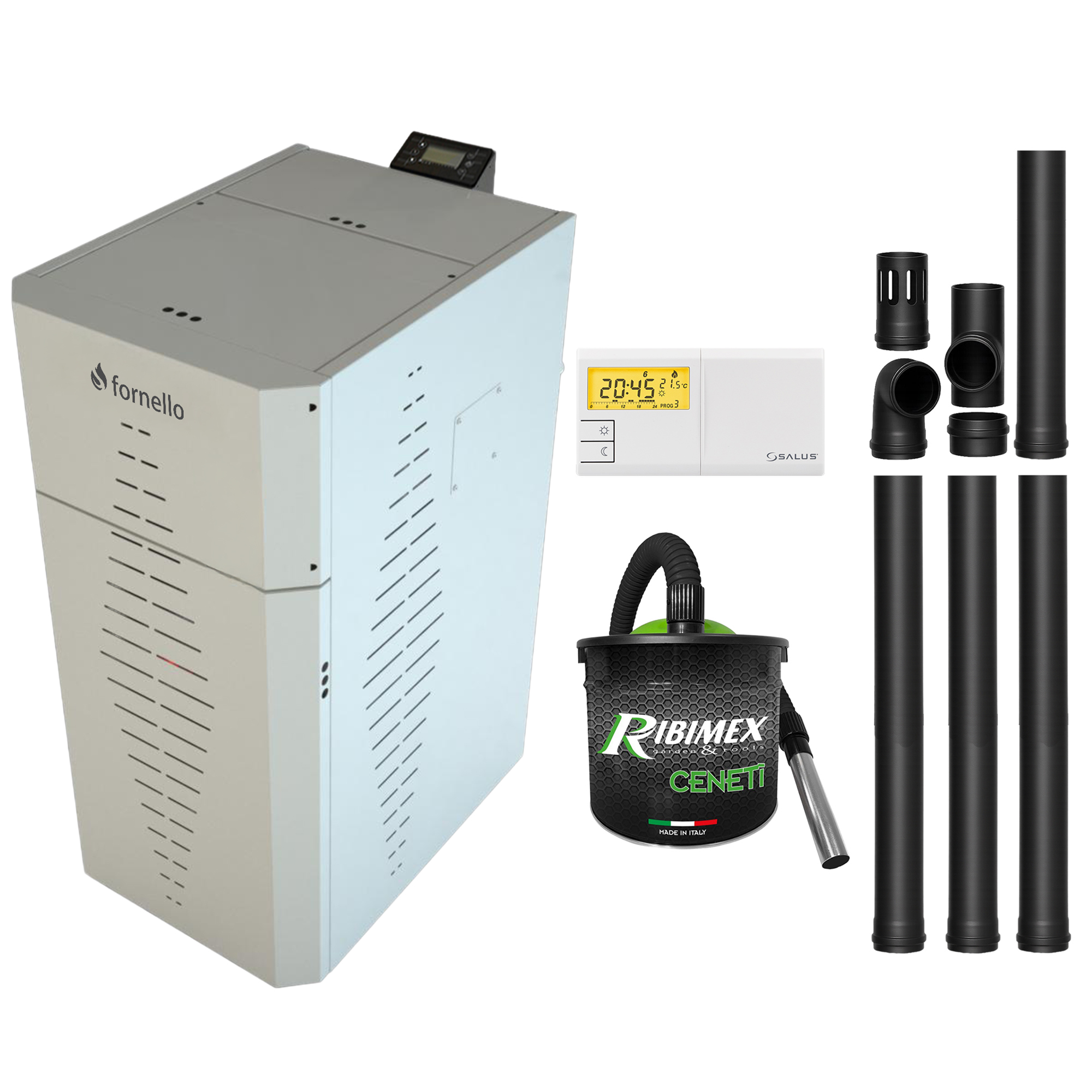Pachet centrala pe peleti Fornello INCANTO COMPACT 25 kW, pompa electronica, vas expansiune, arzator inox, grup de siguranta, kit evacuare, termostat Salus 091FLRFV2, aspiratior, sistem de curatare MECANICA a creuzetului si drumurilor de fum, culoare