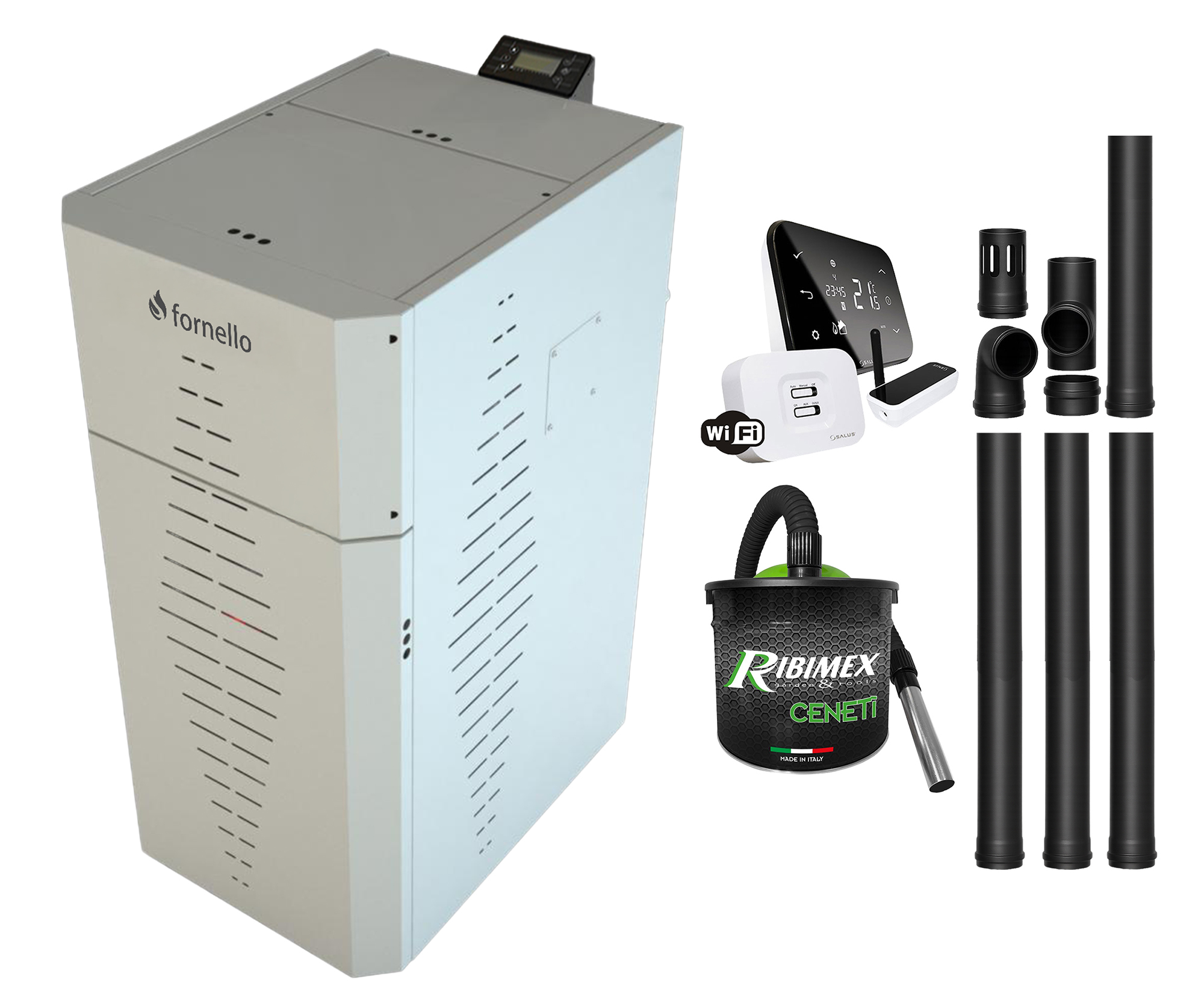 Pachet centrala pe peleti Fornello INCANTO COMPACT 25 kW, pompa electronica, vas expansiune, arzator inox, grup de siguranta, kit evacuare, termostat Salus IT500, aspiratior, sistem de curatare MECANICA a creuzetului si drumurilor de fum, culoare
