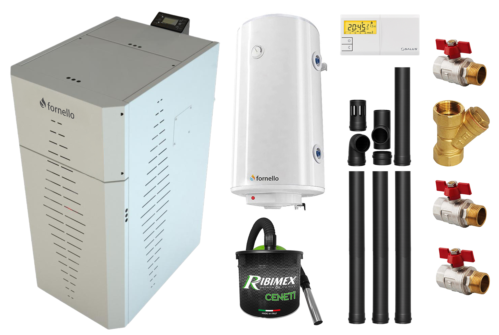 Pachet centrala pe peleti Fornello INCANTO COMPACT 25 kW, pompa electronica, vas expansiune, arzator inox, grup de siguranta, kit evacuare 3.5 ml, termostat, aspiratior, boiler 100L si Fitinguri montaj