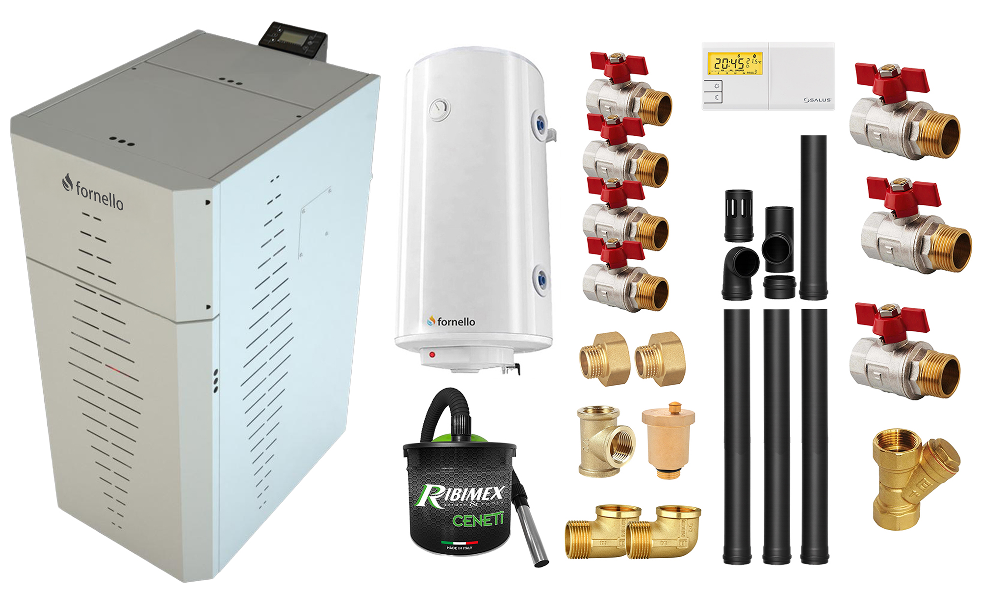 Pachet centrala pe peleti Fornello INCANTO COMPACT 25 kW, pompa electronica, vas expansiune, arzator inox, grup de siguranta, kit evacuare 3.5 ml, termostat, aspiratior, boiler 100L si Fitinguri montaj centrala/boiler