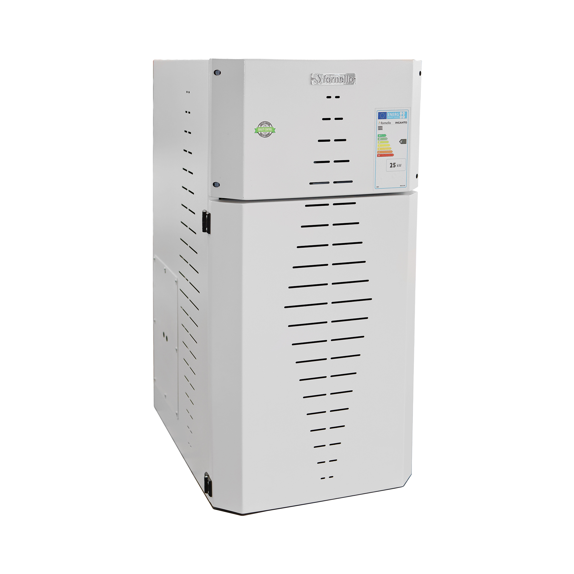 Pachet centrala pe peleti Fornello INCANTO COMPACT 25 kW pompa electronica vas expansiune arzator inox grup de siguranta kit evacuare 3.5 ml termostat aspiratior boiler 100L si Fitinguri montaj centrala/boiler
