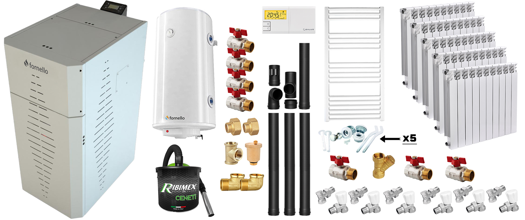 Pachet centrala pe peleti Fornello INCANTO COMPACT 25 kW, pompa electronica, vas expansiune, arzator inox, grup de siguranta, kit evacuare 3.5 ml, termostat, aspiratior, boiler 100L, Radiatoare Aluminiu si Fitinguri montaj