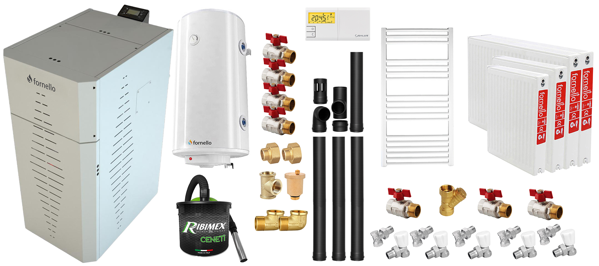 Pachet centrala pe peleti Fornello INCANTO COMPACT 25 kW, pompa electronica, vas expansiune, arzator inox, grup de siguranta, kit evacuare 3.5 ml, termostat, aspiratior, boiler 100L, Radiatoare otel si Fitinguri montaj