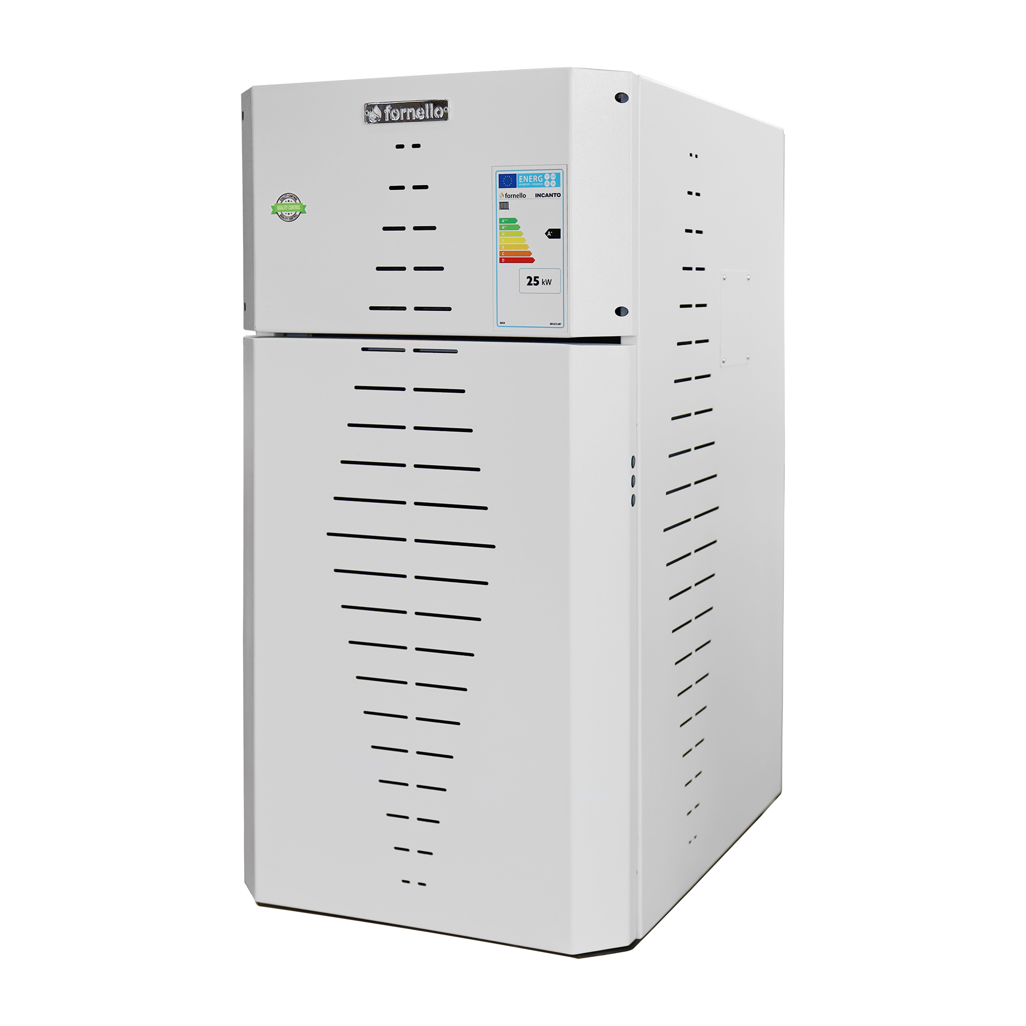 Mărește imaginea pentru Pachet centrala pe peleti Fornello INCANTO COMPACT 35 kW pompa electronica vas expansiune arzator inox grup de siguranta kit evacuare 3.5 ml sistem de curatare MECANICA a creuzetului si drumurilor de fum culoare alb