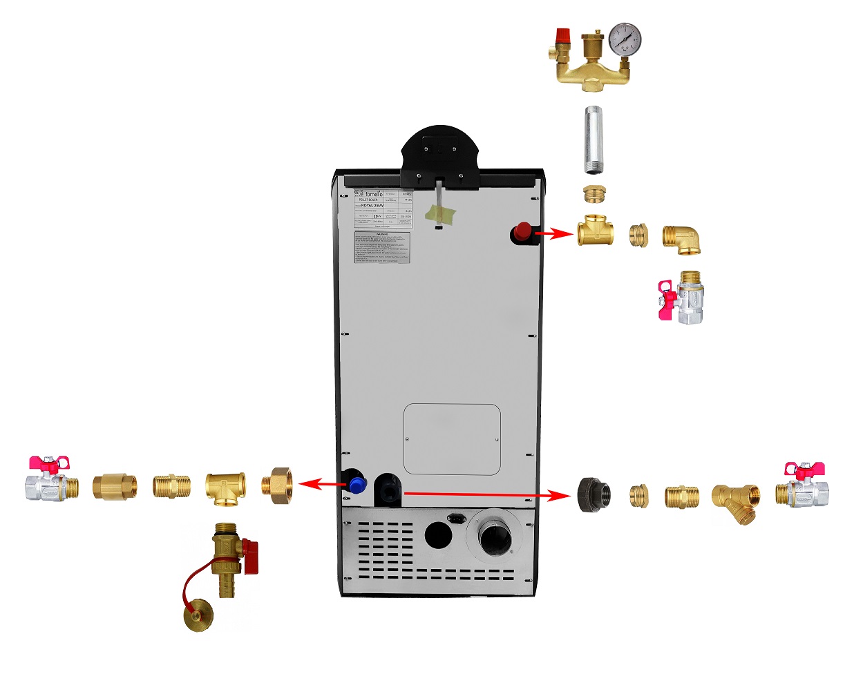 Pachet Centrala peleti Fornello Primo Pellet Black 25 kw complet echipata pentru incalzire pompa vas expansiune  automatizare kit evacuare 3.5 ml Boiler Termoelectric Fornello 100 l Termostat Salus 091FLRFV2 Aspirator si kit montaj