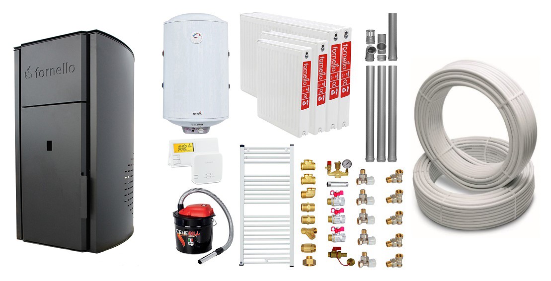 Pachet Centrala peleti Fornello Royal B 25 kw, complet echipata pentru incalzire, pompa circulatie, teava hidronix, vas expansiune, automatizare, kit evacuare 3.5 ml, Boiler Termoelectric Fornello 100 l, Termostat Salus 091FLRFV2, Aspirator, Radi Centrale pe peleti