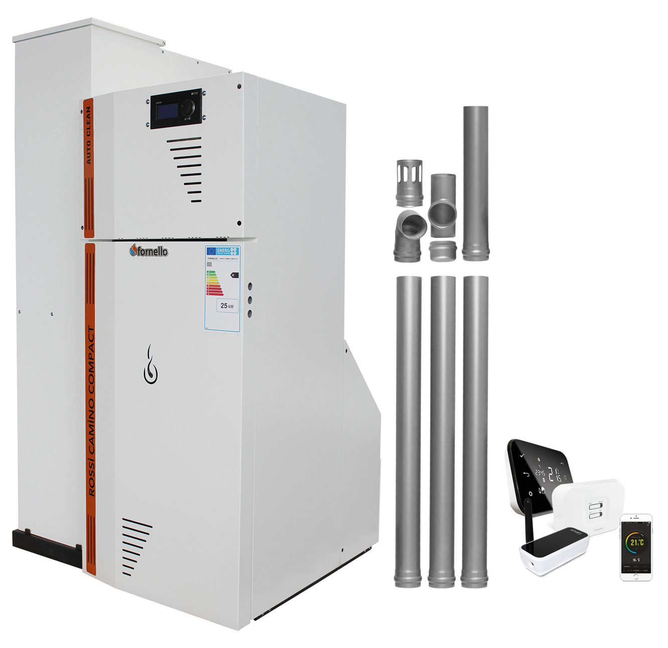 Pachet Centrala termica compacta pe peleti Fornello Rossi Camino Compact Automatic 25 kw, termostat, kit evacuare, pompa de circulatie, vas expansiune, tiraj fortat, curatare automata a arzatorului si a drumurilor de fum, Ecodesign, A+