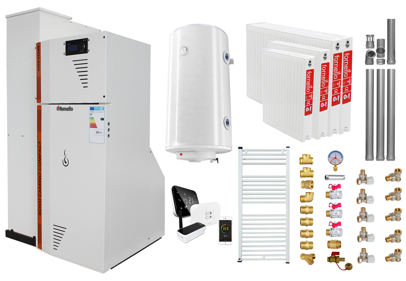 Pachet Centrala termica compacta pe peleti Fornello Rossi Camino Compact Automatic 25 kw, calorifere, boiler, termostat, kit evacuare, fitinguri, pompa de circulatie, vas expansiune, tiraj fortat, curatare automata a arzator si  drumuri de fum