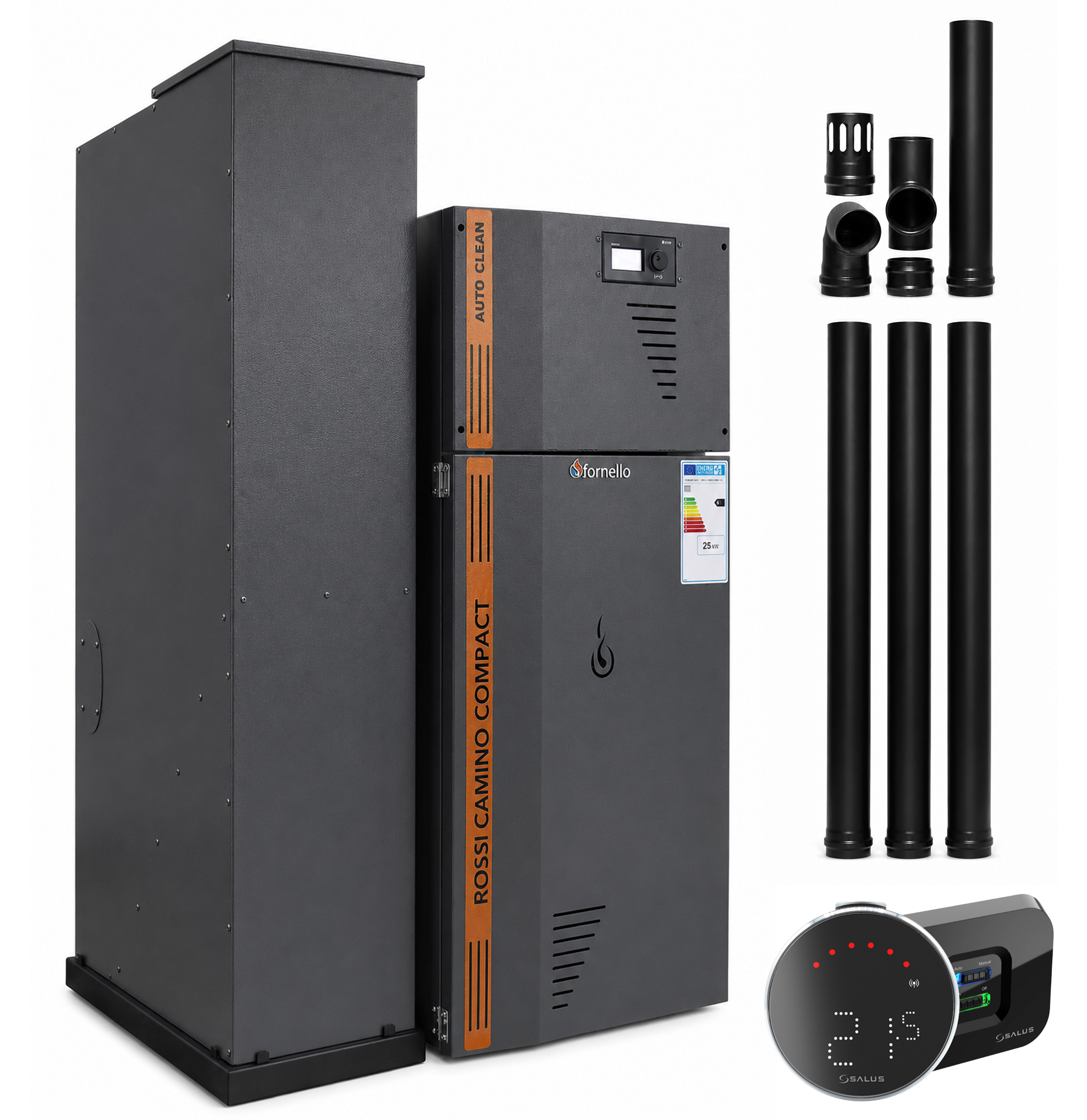 Pachet Centrala termica compacta pe peleti Fornello Rossi Camino Compact Automatic 25 kw termostat kit evacuare pompa de circulatie vas expansiune tiraj fortat curatare automata a arzatorului si a drumurilor de fumculoare antracit Ecodesign