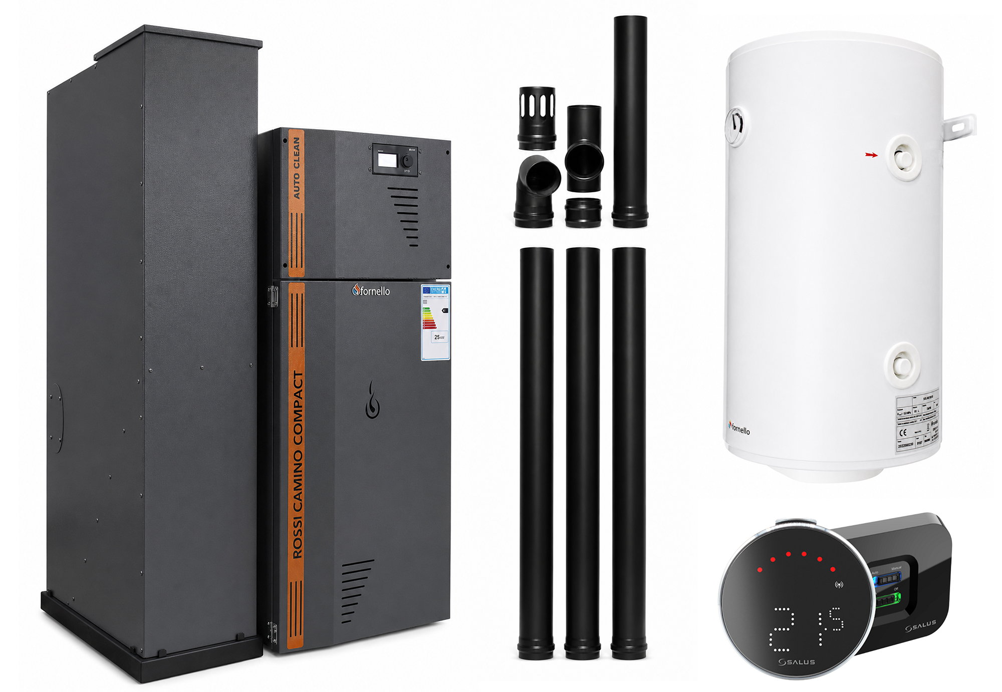 Pachet Centrala termica compacta pe peleti Fornello Rossi Camino Compact Automatic 25 kw boiler kit evacuare pompa de circulatie vas expansiune tiraj fortat curatare automata a arzatorului si a drumurilor de fum culoare antracit Ecodesign A+