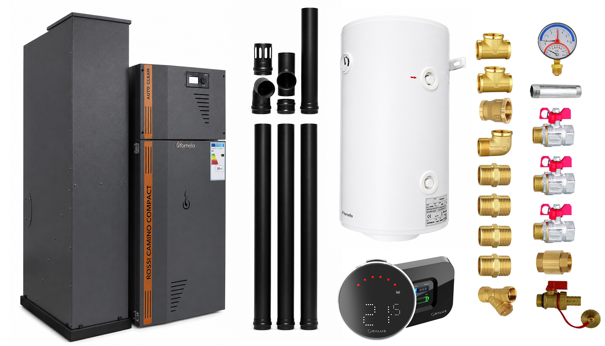 Pachet Centrala termica compacta pe peleti Fornello Rossi Camino Compact Automatic 25 kw antracit boiler termostat kit evacuare fitinguri pompa de circulatie vas expansiune tiraj fortat curatare automata a arzatorului si a drumurilor de fum
