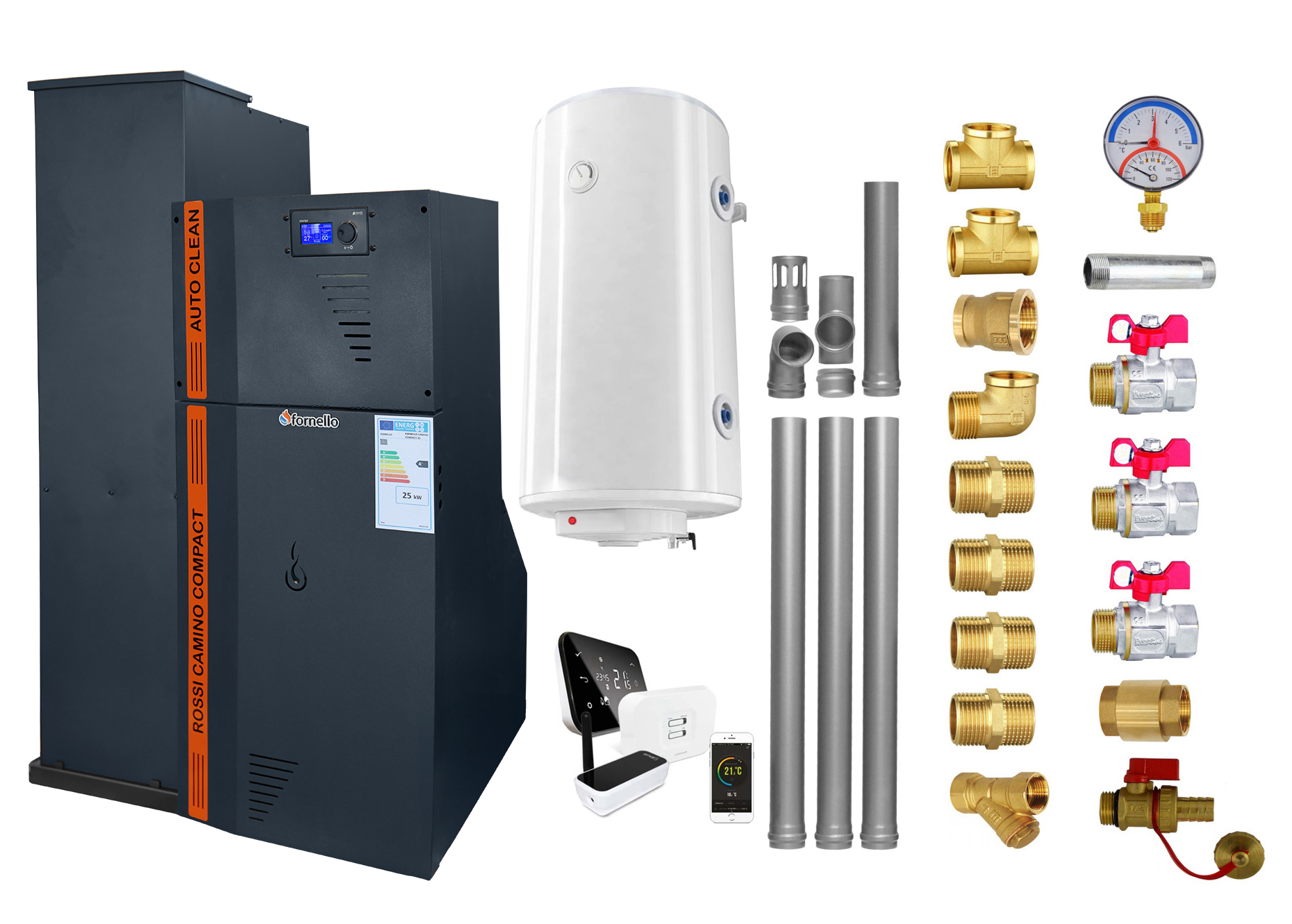 Pachet Centrala termica compacta pe peleti Fornello Rossi Camino Compact Automatic 25 kw, boiler, termostat, kit evacuare, fitinguri, pompa de circulatie, vas expansiune, tiraj fortat, curatare automata a arzatorului si a drumurilor de fum, antracit