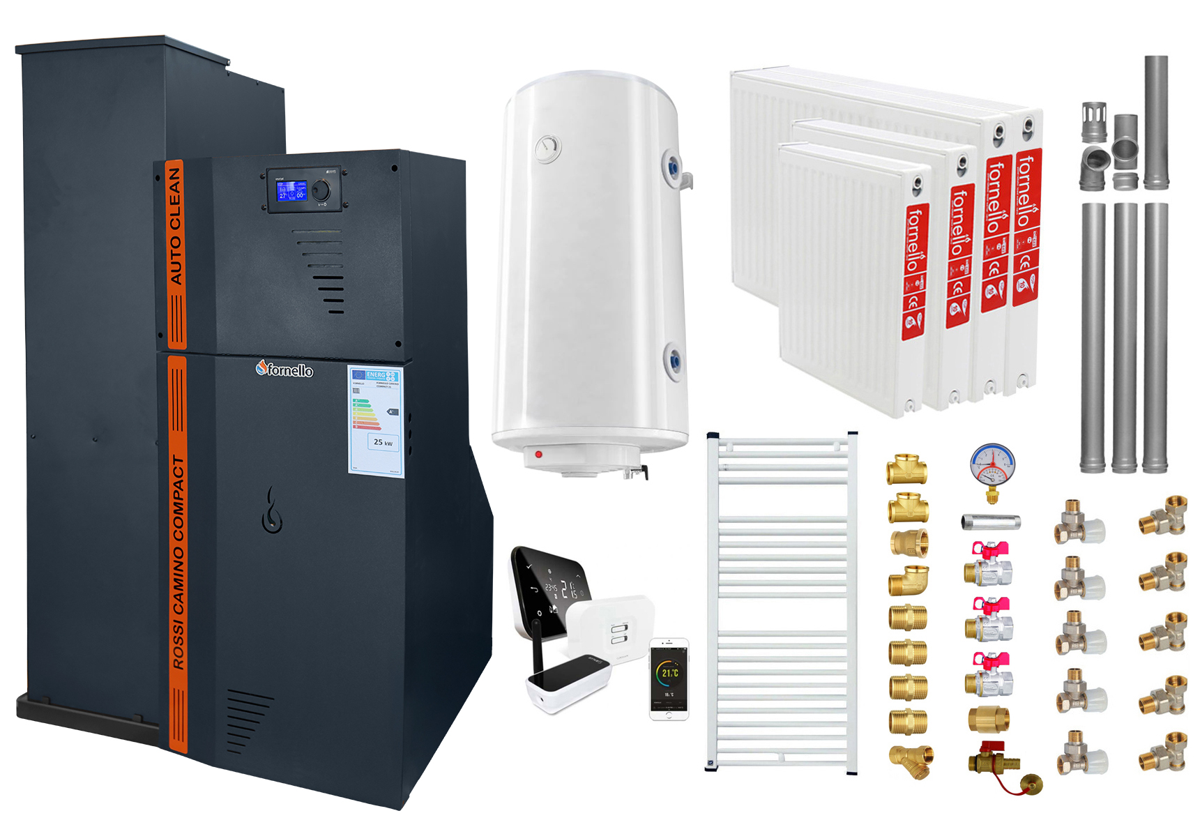 Pachet Centrala termica compacta pe peleti Fornello Rossi Camino Compact Automatic 25 kw, calorifere, boiler, termostat, kit evacuare, fitinguri, pompa de circulatie, vas expansiune, tiraj fortat, curatare automata a arzator si  drumuri de fum, antra