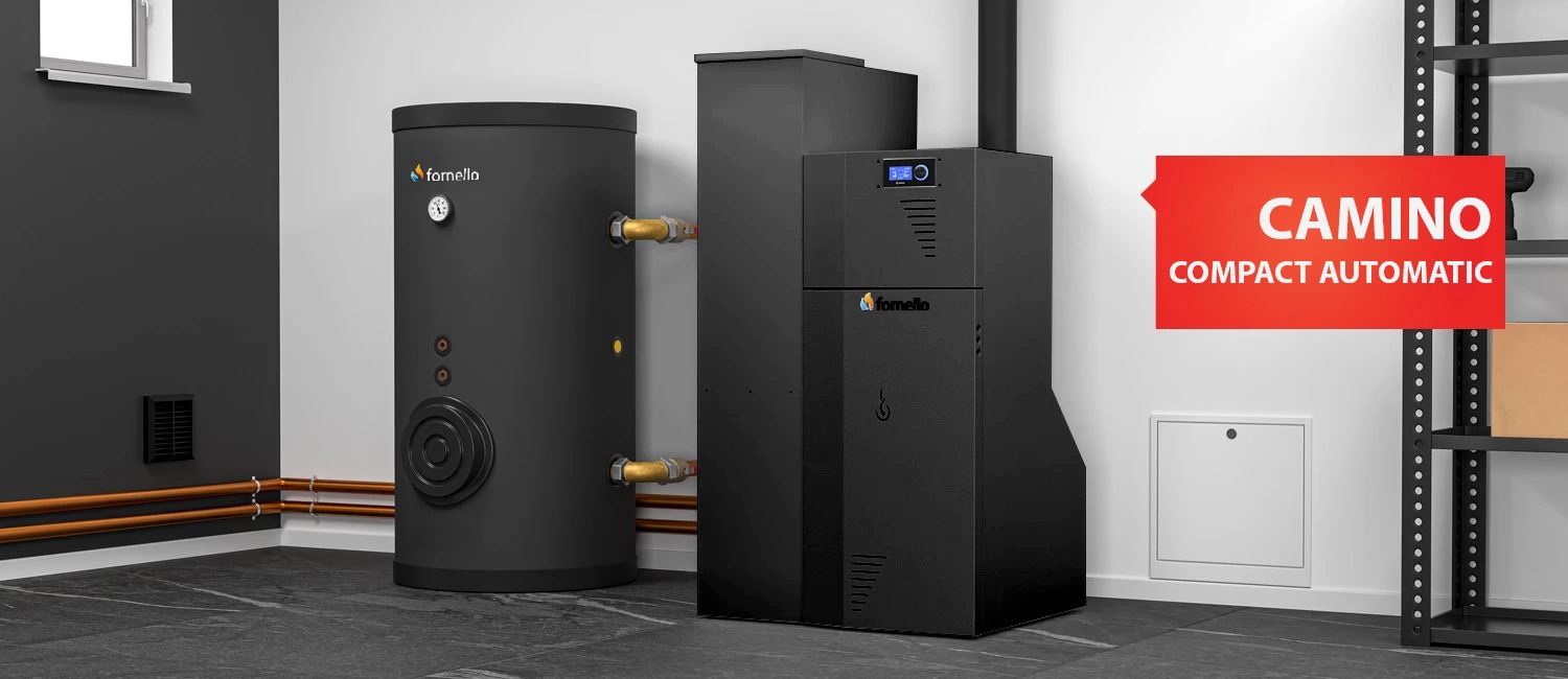 Pachet Centrala termica compacta pe peleti Fornello Rossi Camino Compact Automatic 25 kw antracit calorifere boiler termostat kit evacuare fitinguri pompa de circulatie vas expansiune tiraj fortat curatare automata a arzator si  drumuri de