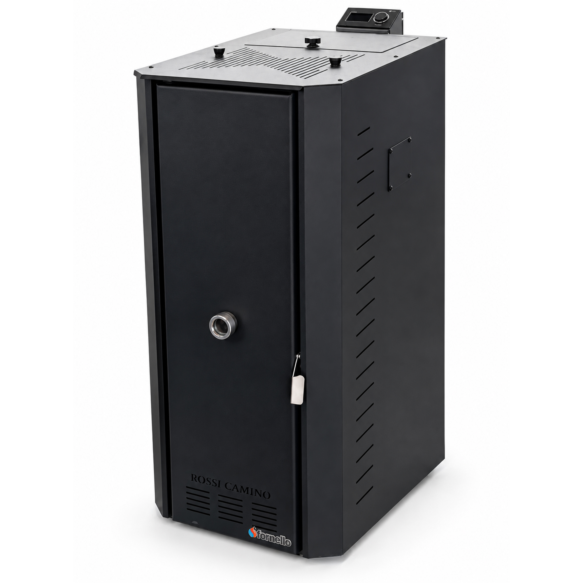 Pachet Centrala termica pe peleti Fornello Rossi B Black 25 kw pompa de circulatie vas expansiune tiraj fortat Ecodesign A+ Boiler Termoelectric Fornello 100 l Termostat Salus 091FLRFV2 Aspirator Kit evacuare 3.5 ml si Fitinguri montaj
