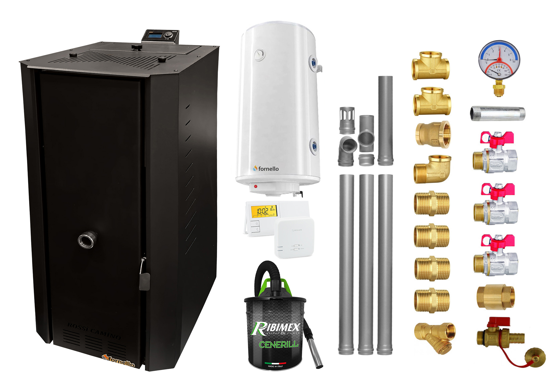 Pachet Centrala termica pe peleti Fornello Rossi B Black 25 kw, pompa de circulatie, vas expansiune, tiraj fortat, Ecodesign, A+, Boiler Termoelectric Fornello 100 l, Termostat Salus 091FLRFV2, Aspirator, Kit evacuare 3.5 ml si Fitinguri montaj Centrale pe peleti