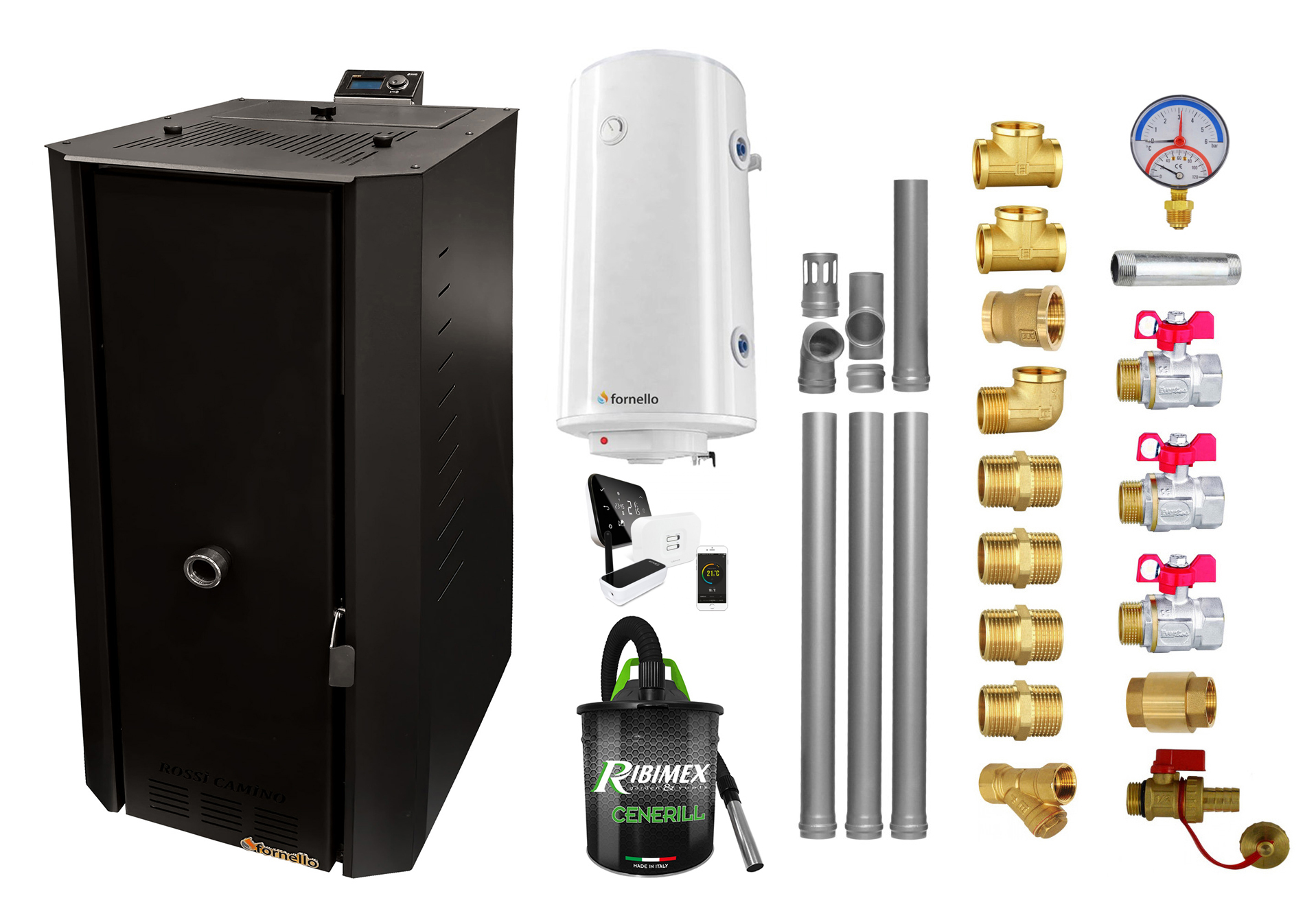 Pachet control de la distanta Centrala termica pe peleti Fornello Rossi B Black 25 kw, pompa, vas expansiune, tiraj fortat, Ecodesign, A+, Boiler Termoelectric Fornello 100 l, Termostat Salus IT500, Aspirator, Kit evacuare 3.5 ml si Fitinguri montaj Centrale pe peleti