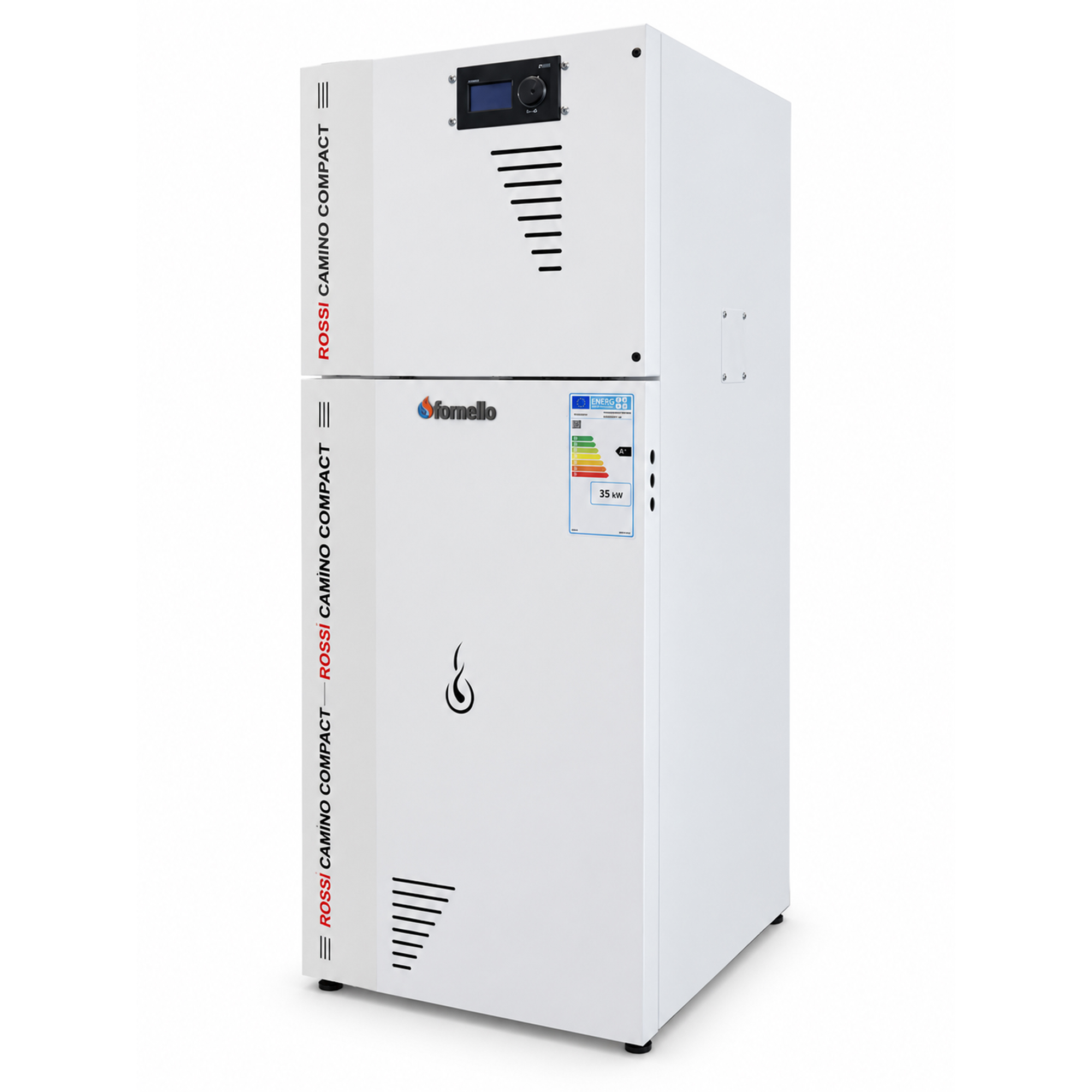 Pachet Centrala termica pe peleti Fornello Rossi Camino Compact 35 kw pompa de circulatie vas expansiune tiraj fortat Ecodesign A+ Kit evacuare 3.5 ml Boiler Termoelectric Fornello 100 l Termostat Salus 091FLRFV2 Aspirator Radiatoare si Kit