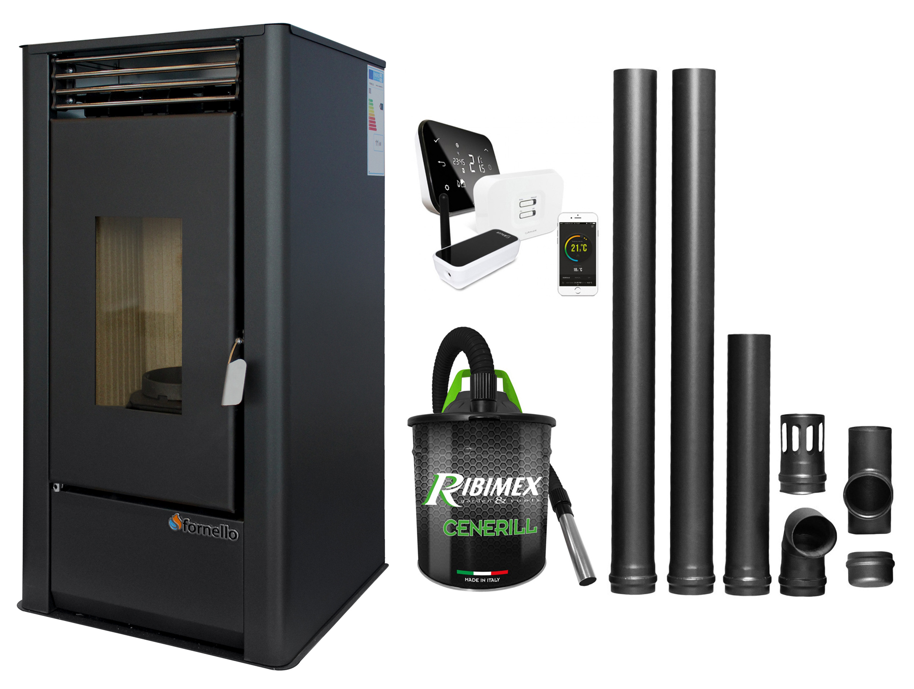 Pachet complet pentru incalzire cu control de la distanta format din Semineu (Soba) pe Peleti cu aer cald Fornello Air SmartPell 11 KW, culoare Black, termostat ambiental Salus IT 500, aspirator de cenusa si kit de evacuare 2,5 metri Sobe pe peleti