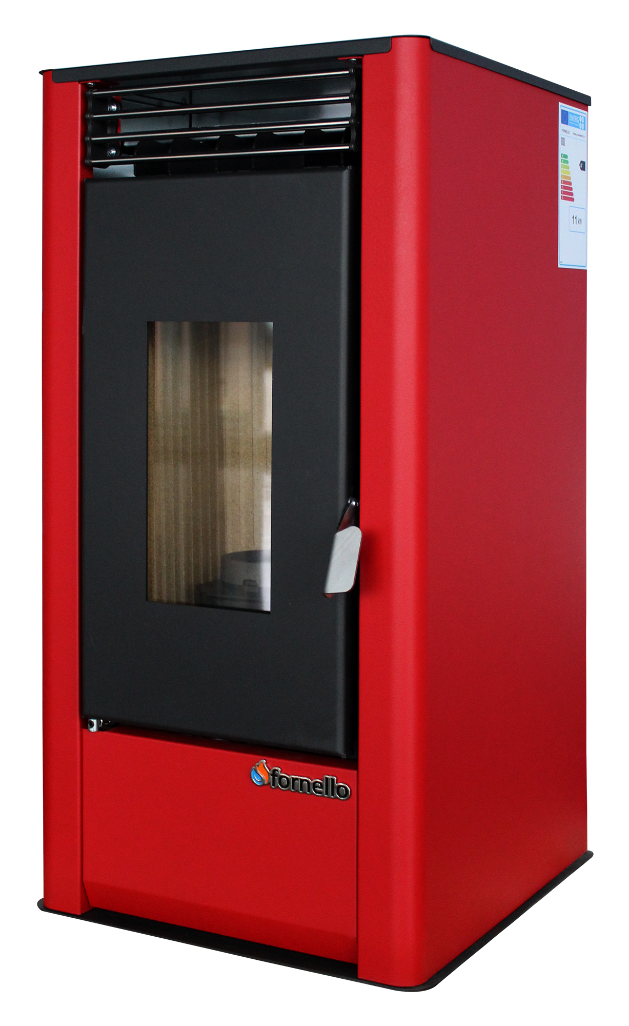 Pachet complet pentru incalzire cu control de la distanta format din Semineu (Soba) pe Peleti cu aer cald Fornello Air SmartPell 11 KW culoare Bordeaux termostat ambiental Salus IT 500 aspirator de cenusa si kit de evacuare 25 metri