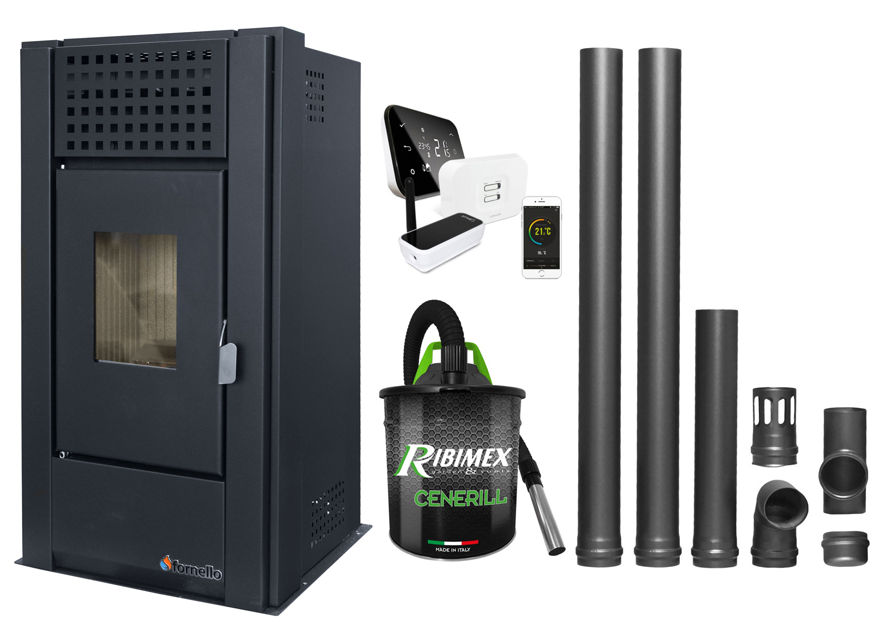 Pachet complet pentru incalzire cu control de la distanta format din Semineu (Soba) pe Peleti cu aer cald Magnesia 9 KW, culoare Black, termostat ambiental Salus IT 500, aspirator de cenusa si kit de evacuare 2,5 metri Sobe pe peleti