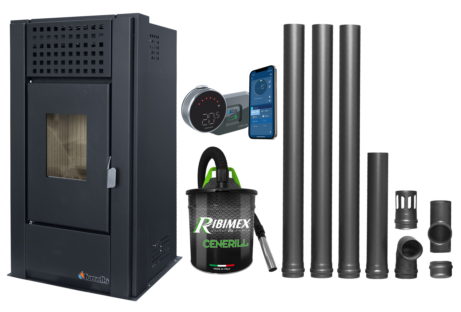 Pachet complet pentru incalzire cu control de la distanta format din Semineu (Soba) pe Peleti cu aer cald Magnesia 9 KW culoare Black termostat ambiental Salus IT 800 aspirator de cenusa si kit de evacuare 35 metri