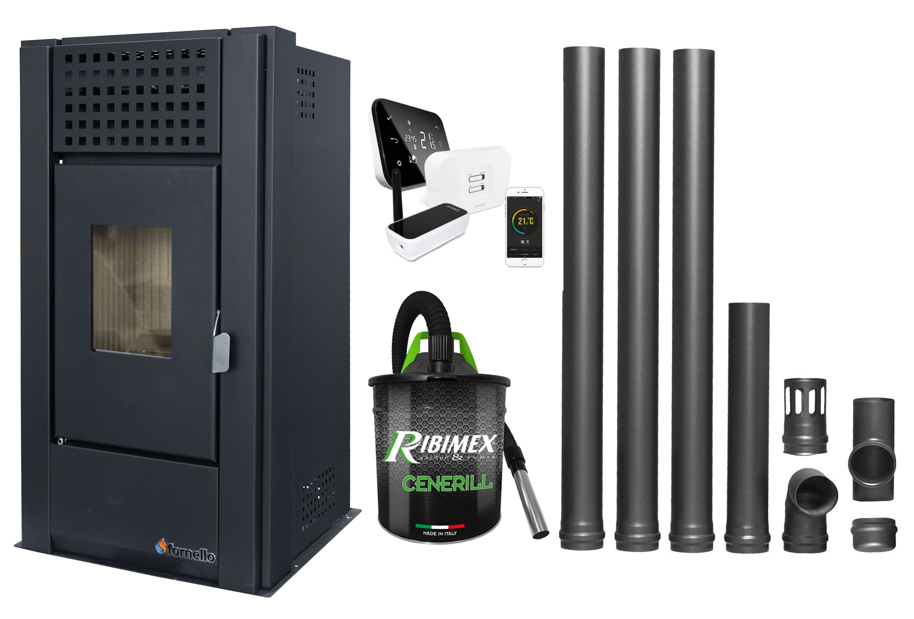 Pachet complet pentru incalzire cu control de la distanta format din Semineu (Soba) pe Peleti cu aer cald Magnesia 9 KW, culoare Black, termostat ambiental Salus IT 500, aspirator de cenusa si kit de evacuare 3,5 metri Sobe pe peleti