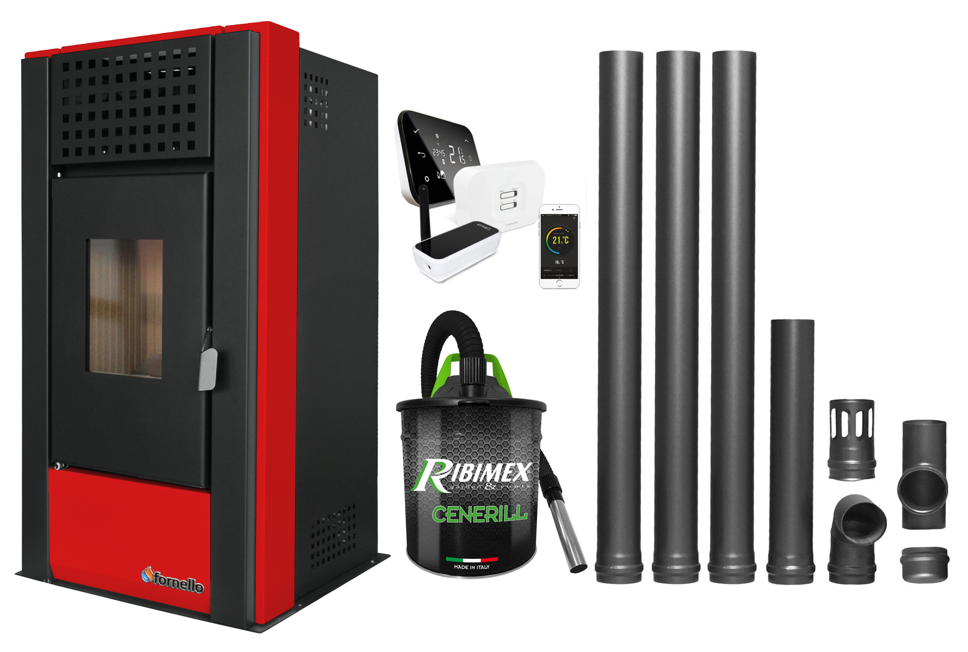 Pachet complet pentru incalzire cu control de la distanta format din Semineu (Soba) pe Peleti cu aer cald Magnesia 9 KW, culoare Bordeaux, termostat ambiental Salus IT 500, aspirator de cenusa si kit de evacuare 3,5 metri
