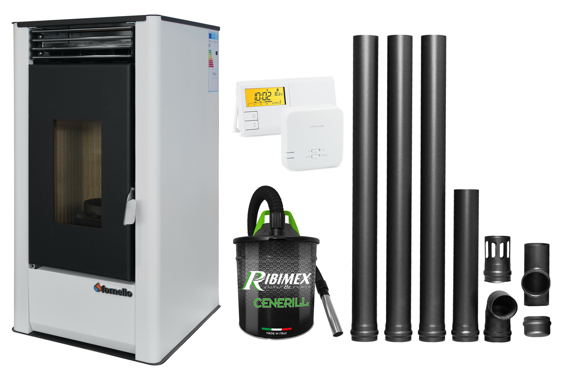 Pachet complet pentru incalzire Semineu (Soba) pe Peleti cu aer cald Fornello Air SmartPell 11 KW, culoare White, termostat ambiental, aspirator de cenusa si kit de evacuare 3,5 metri Sobe pe peleti