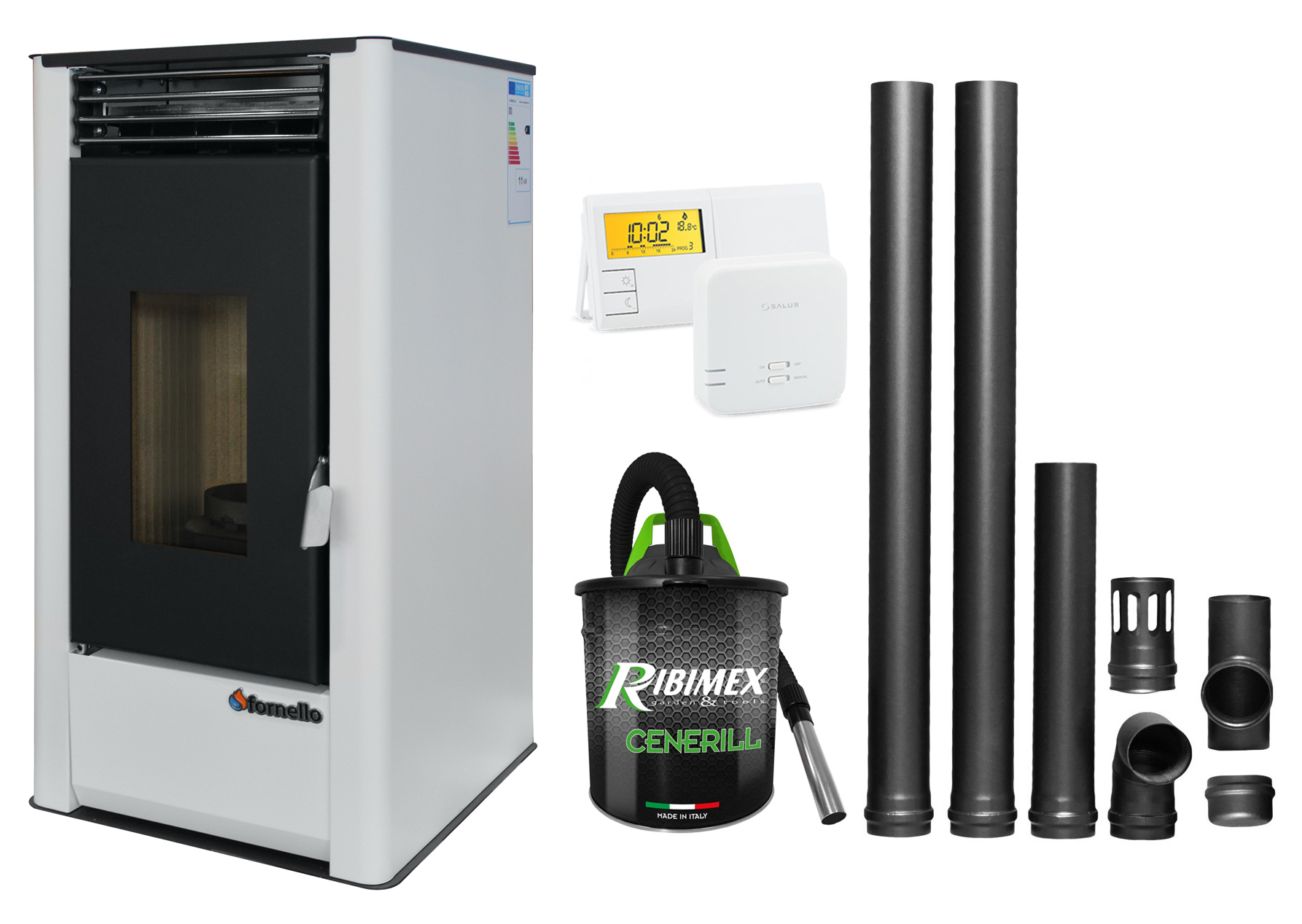 Pachet complet pentru incalzire Semineu (Soba) pe Peleti cu aer cald Fornello Air SmartPell 11 KW, culoare White, termostat ambiental, aspirator de cenusa si kit de evacuare 2,5 metri Sobe pe peleti