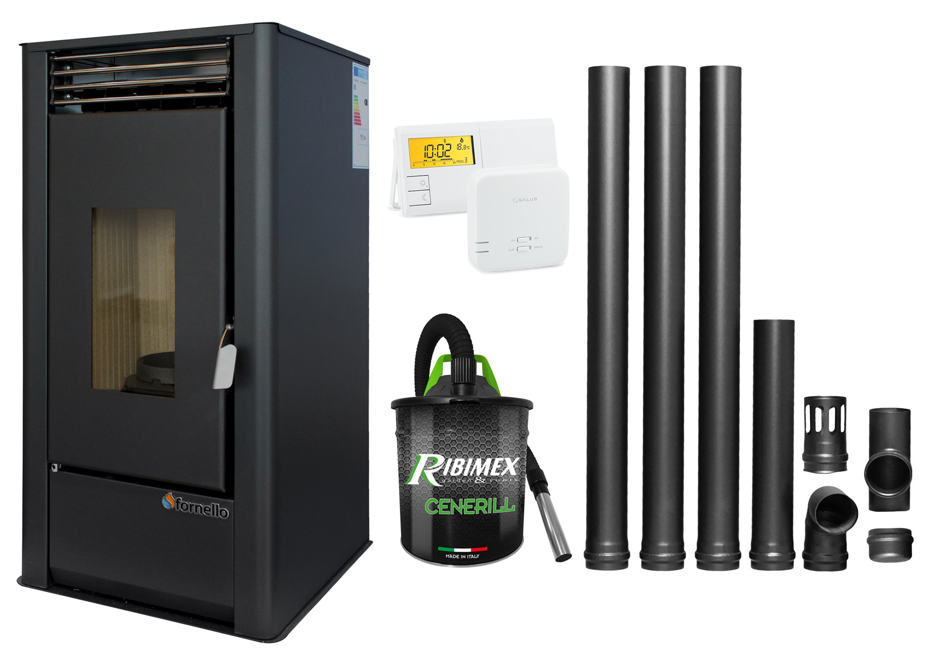 Pachet complet pentru incalzire Semineu (Soba) pe Peleti cu aer cald Fornello Air SmartPell 11 KW, culoare Black, termostat ambiental, aspirator de cenusa si kit de evacuare 3,5 metri Sobe pe peleti
