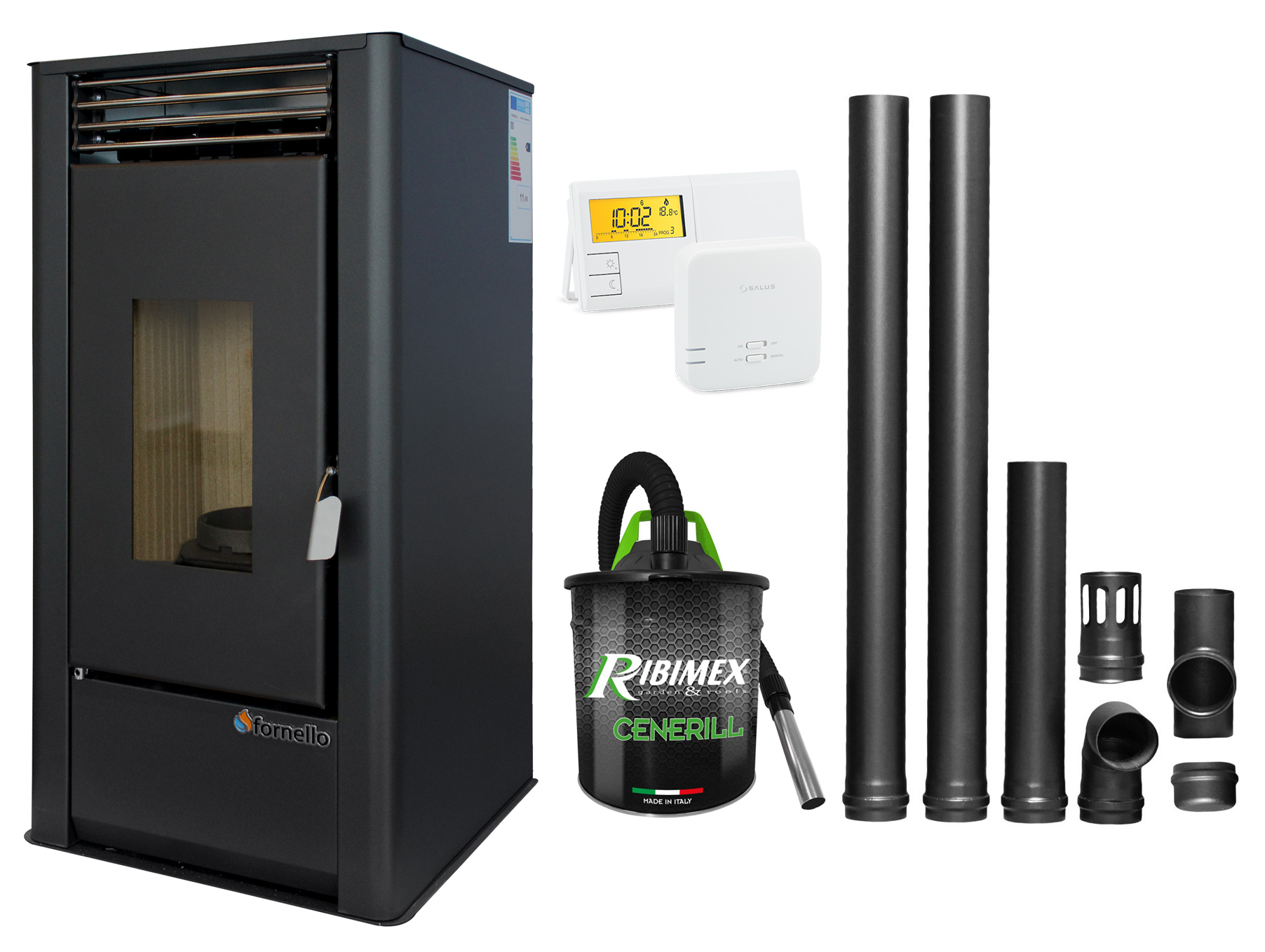 Pachet complet pentru incalzire Semineu (Soba) pe Peleti cu aer cald Fornello Air SmartPell 11 KW, culoare Black, termostat ambiental, aspirator de cenusa si kit de evacuare 2,5 metri Sobe pe peleti